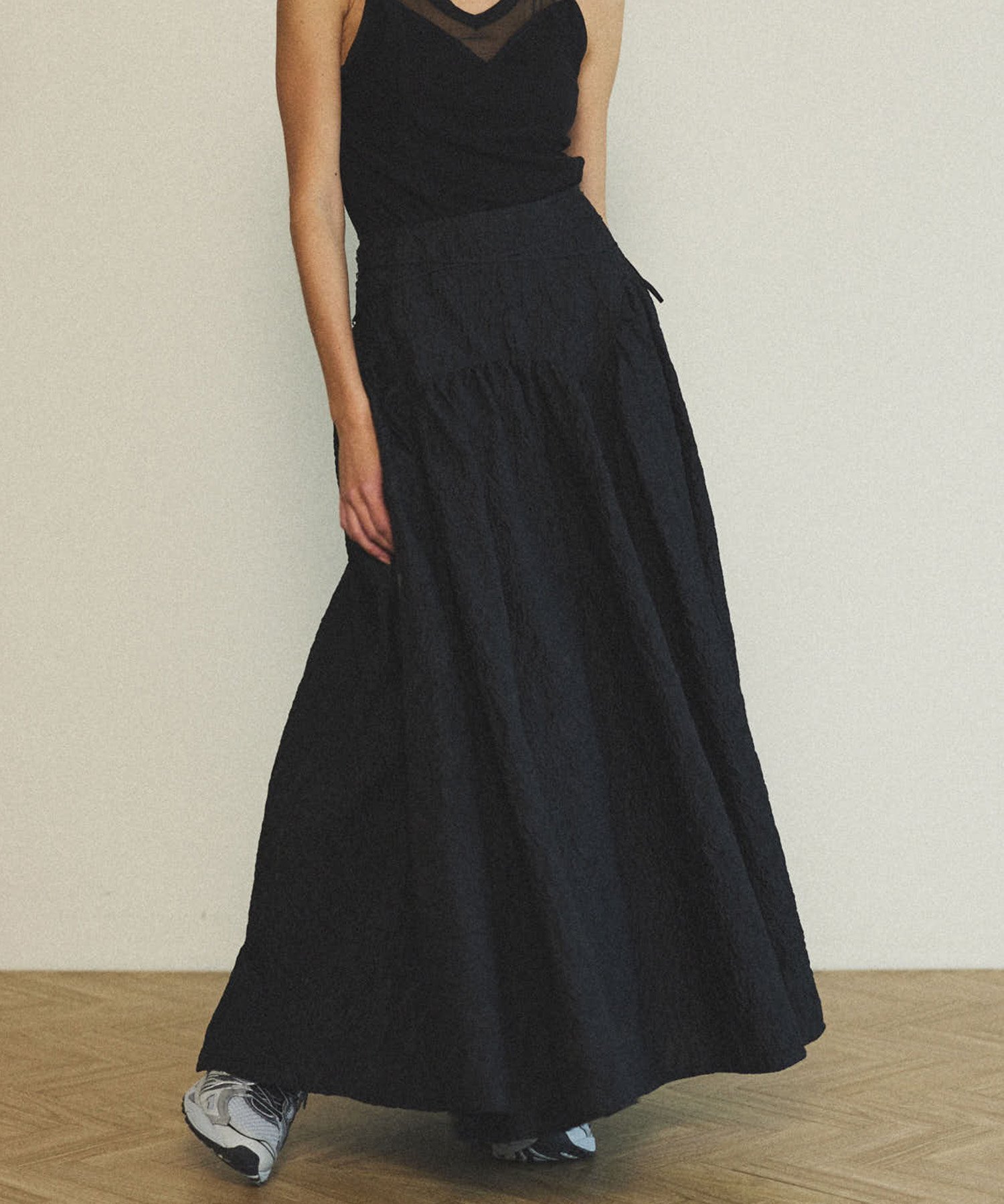 【メゾンスペシャル/MAISON SPECIAL】のJacquard Narrow Belt Volume Silhouette Skirt インテリア・キッズ・メンズ・レディースファッション・服の通販 founy(ファニー) 　ファッション　Fashion　レディースファッション　Fashion for Women　スカート　Skirts　エアリー　Airy Texture　ガーリー　Girly, Feminine Style　シアー　Sheer, See-Through　スニーカー　Sneakers, Trainers　セットアップ　Set-Up, Coordinated Outfit　マキシ　Maxi, Full Length　ラグジュアリー　Luxury, Elegant　エレガント 上品　Elegant　春　Spring　BLK|ID: prp329100004832437 ipo3291000000035188173
