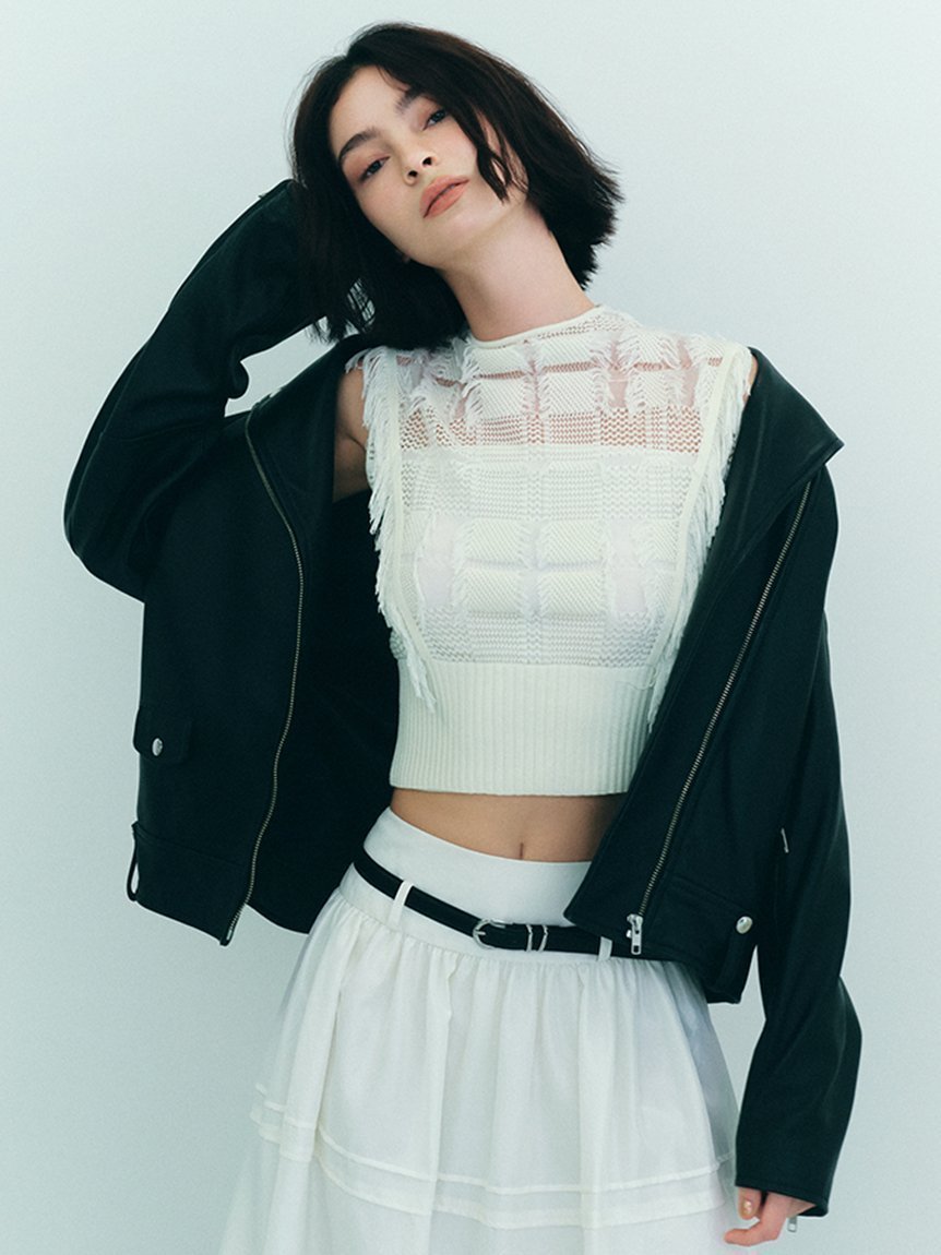 【フレイ アイディー/FRAY I.D】のチェックジャカードニットトップス 人気、トレンドファッション・服の通販 founy(ファニー) 　ファッション　Fashion　レディースファッション　Fashion for Women　トップス・カットソー　Cut & Sew Tops　ニット　Knit Tops & Sweaters　インナー　Innerwear　秋　Autumn　カットジャガード　Cut Jacquard　キャミソール　Camisole, Spaghetti Strap Top　ジャカード／ジャガード　Jacquard, Woven Pattern　スマート　Smart, Elegant　チェック　Check, Plaid, Tartan　トレンド　Trend, Trending Now　ノースリーブ　Sleeveless, No-Sleeve　ハイネック　High Neck, Mock Neck　バランス　Balance, Style Balance　フリンジ　Fringe, Tassel　メッシュ　Mesh, Net Fabric　 other-1|ID: prp329100004832447 ipo3291000000035188269