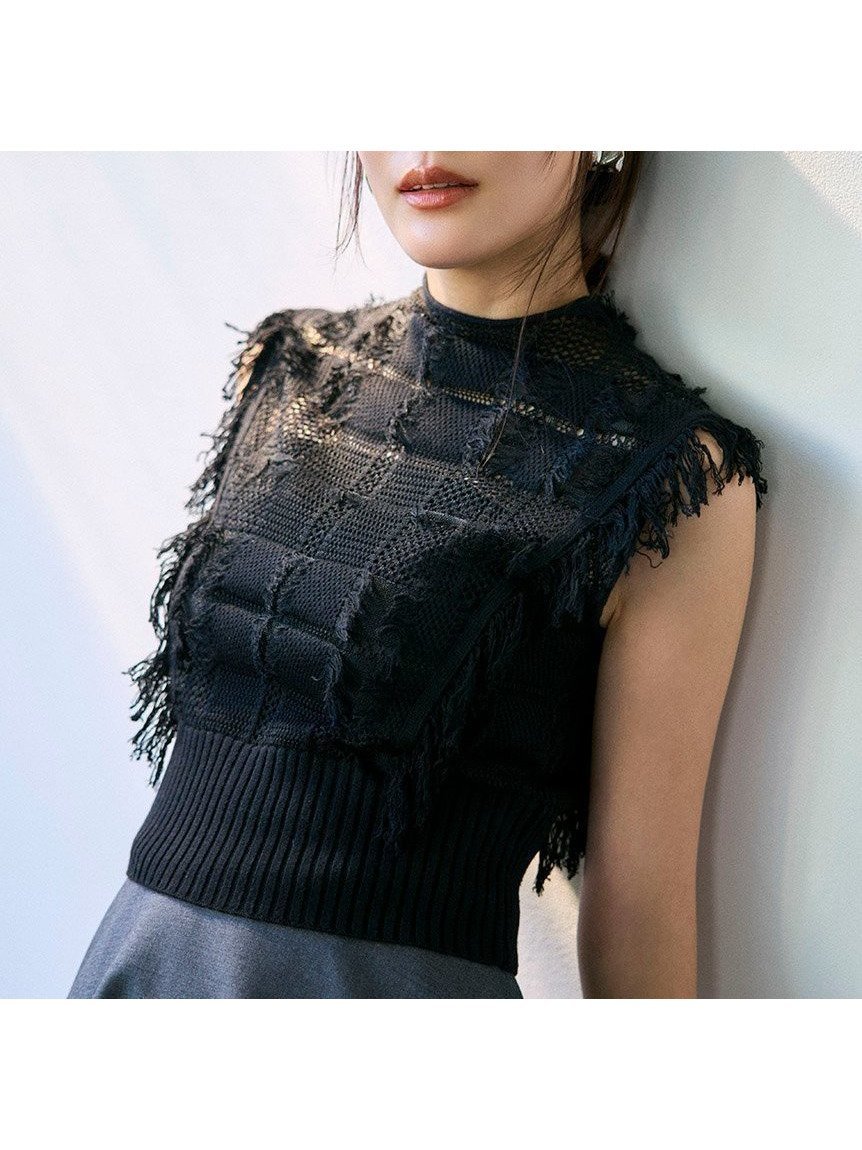 【フレイ アイディー/FRAY I.D】のチェックジャカードニットトップス インテリア・キッズ・メンズ・レディースファッション・服の通販 founy(ファニー) 　ファッション　Fashion　レディースファッション　Fashion for Women　トップス・カットソー　Cut & Sew Tops　ニット　Knit Tops & Sweaters　インナー　Innerwear　秋　Autumn　カットジャガード　Cut Jacquard　キャミソール　Camisole, Spaghetti Strap Top　ジャカード／ジャガード　Jacquard, Woven Pattern　スマート　Smart, Elegant　チェック　Check, Plaid, Tartan　トレンド　Trend, Trending Now　ノースリーブ　Sleeveless, No-Sleeve　ハイネック　High Neck, Mock Neck　バランス　Balance, Style Balance　フリンジ　Fringe, Tassel　メッシュ　Mesh, Net Fabric　BLK[009]|ID: prp329100004832447 ipo3291000000035188272