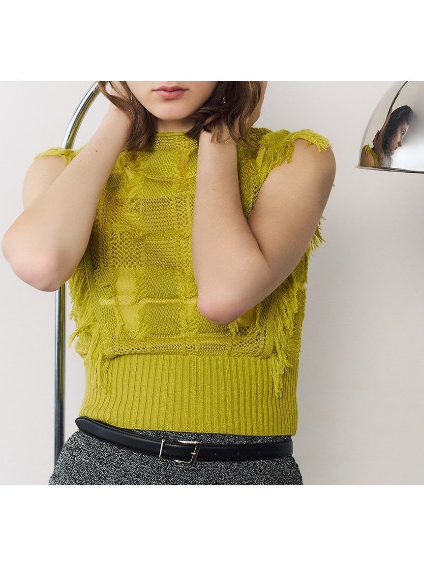 【フレイ アイディー/FRAY I.D】のチェックジャカードニットトップス インテリア・キッズ・メンズ・レディースファッション・服の通販 founy(ファニー) 　ファッション　Fashion　レディースファッション　Fashion for Women　トップス・カットソー　Cut & Sew Tops　ニット　Knit Tops & Sweaters　インナー　Innerwear　秋　Autumn　カットジャガード　Cut Jacquard　キャミソール　Camisole, Spaghetti Strap Top　ジャカード／ジャガード　Jacquard, Woven Pattern　スマート　Smart, Elegant　チェック　Check, Plaid, Tartan　トレンド　Trend, Trending Now　ノースリーブ　Sleeveless, No-Sleeve　ハイネック　High Neck, Mock Neck　バランス　Balance, Style Balance　フリンジ　Fringe, Tassel　メッシュ　Mesh, Net Fabric　YEL[032]|ID: prp329100004832447 ipo3291000000035188274