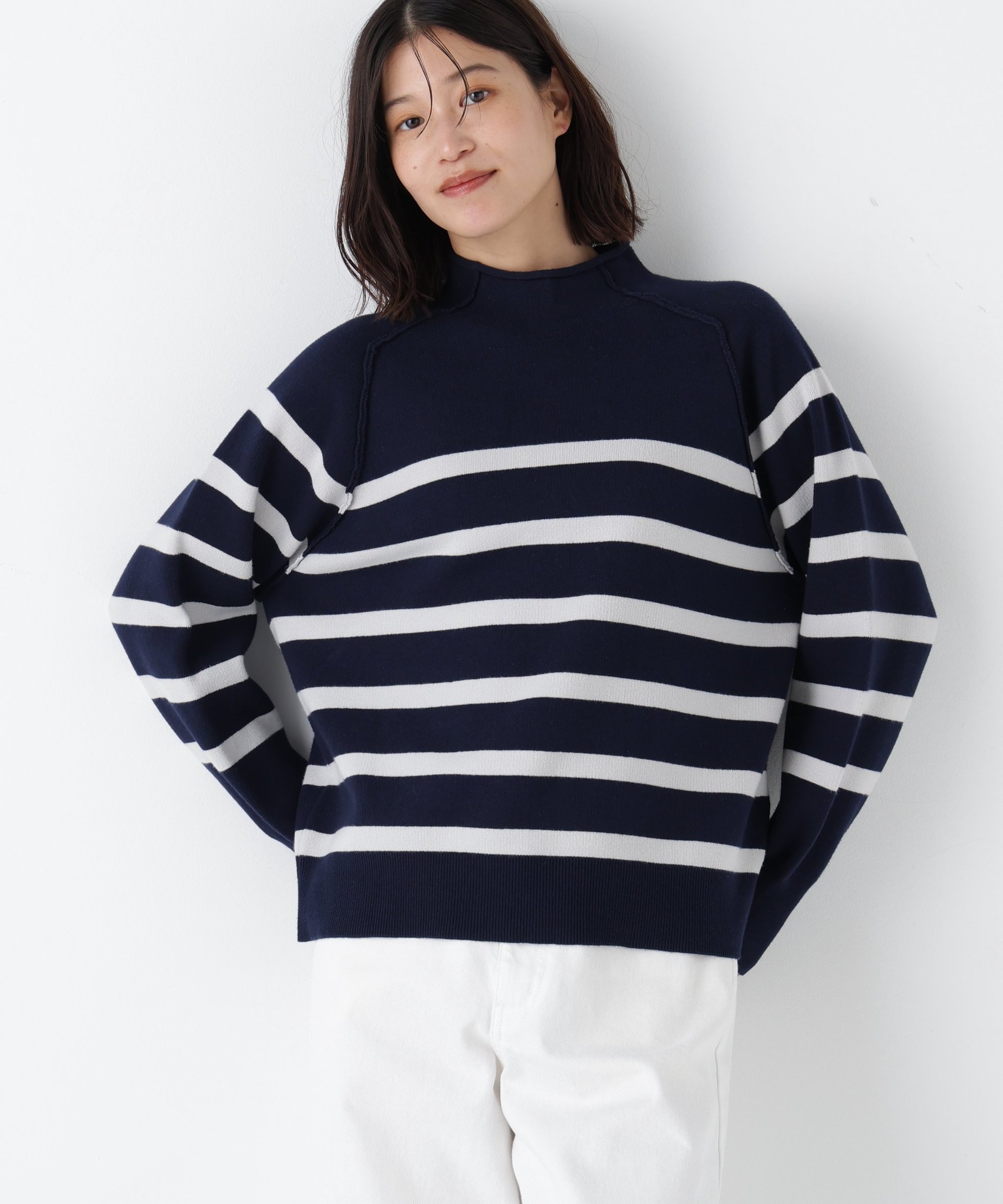 【ヒューマンウーマン/HUMAN WOMAN】のコットンジャガードボトルネックPO インテリア・キッズ・メンズ・レディースファッション・服の通販 founy(ファニー) 　ファッション　Fashion　レディースファッション　Fashion for Women　おすすめ　Recommended / Our Picks　インナー　Innerwear　ジャカード／ジャガード　Jacquard, Woven Pattern　スタンダード　Standard, Basic　バランス　Balance, Style Balance　ボトルネック　Bottle Neck, Mock Neck　リラックス　Relax, Relaxed Fit　ワイド　Wide, Wide Fit　ネイビーボーダー3|ID: prp329100004832454 ipo3291000000035188320