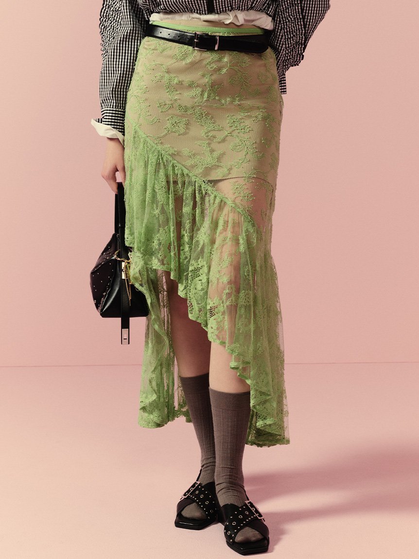 【リリーブラウン/Lily Brown】のレイヤードレーススカート インテリア・キッズ・メンズ・レディースファッション・服の通販 founy(ファニー) 　ファッション　Fashion　レディースファッション　Fashion for Women　スカート　Skirts　おすすめ　Recommended / Our Picks　アシンメトリー　Asymmetrical Style　インナー　Innerwear　スマート　Smart, Elegant　スリット　Slit, Slit Detail　デニム　Denim, Jeans Material　トレンド　Trend, Trending Now　フレア　Flare, Flared　フロント　Front, Front Design　ペチコート　Petticoat, Underskirt　レース　Lace, Lace Fabric　ヴィンテージ　Vintage Style　エレガント 上品　Elegant　GRN[024]|ID: prp329100004832461 ipo3291000000035188393