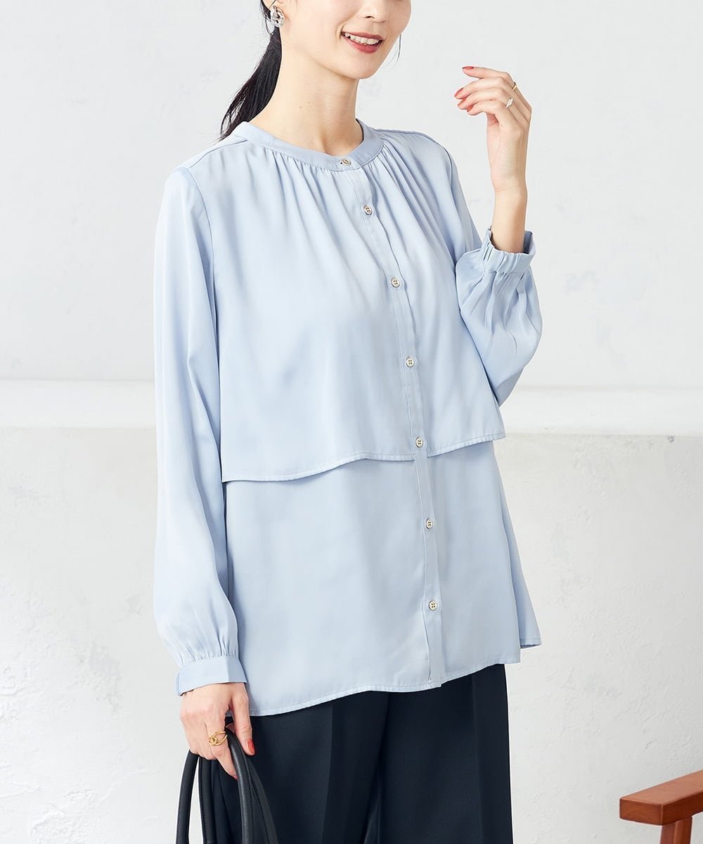 【アー ヴェー ヴェー/a.v.v】の【前後2WAY】レイヤード風サテンブラウス 人気、トレンドファッション・服の通販 founy(ファニー) 　ファッション　Fashion　レディースファッション　Fashion for Women　トップス・カットソー　Cut & Sew Tops　シャツ・ブラウス・オフィスカジュアル　Elegant Blouses & Button-Ups　カーディガン　Cardigan, Knitwear　吸水　Absorbent, Quick-Dry　サテン　Satin, Glossy Fabric　ジャケット　Jacket, Outerwear　なめらか　Smooth, Silky Texture　ベーシック　Basic, Essential　再入荷　Restock / Back in Stock　夏　Summer　ビジネス 仕事 通勤　Business / Work / Commuting　 other-1|ID: prp329100004832478 ipo3291000000035188663