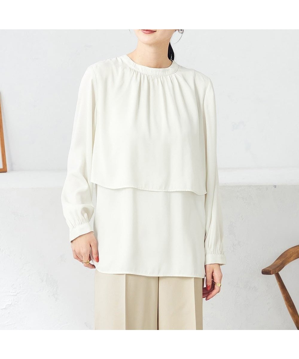 【アー ヴェー ヴェー/a.v.v】の【前後2WAY】レイヤード風サテンブラウス インテリア・キッズ・メンズ・レディースファッション・服の通販 founy(ファニー) 　ファッション　Fashion　レディースファッション　Fashion for Women　トップス・カットソー　Cut & Sew Tops　シャツ・ブラウス・オフィスカジュアル　Elegant Blouses & Button-Ups　カーディガン　Cardigan, Knitwear　吸水　Absorbent, Quick-Dry　サテン　Satin, Glossy Fabric　ジャケット　Jacket, Outerwear　なめらか　Smooth, Silky Texture　ベーシック　Basic, Essential　再入荷　Restock / Back in Stock　夏　Summer　ビジネス 仕事 通勤　Business / Work / Commuting　アイボリー|ID: prp329100004832478 ipo3291000000035188666