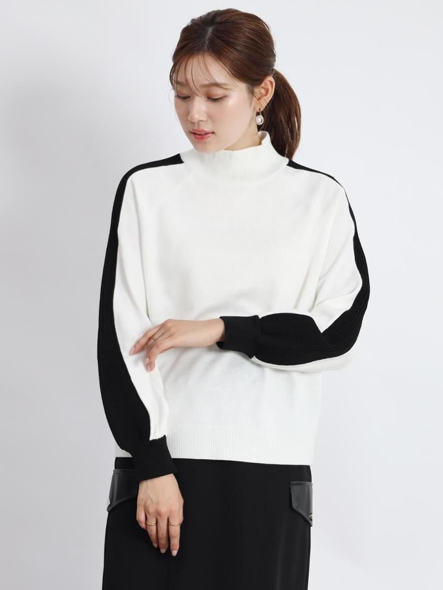 【ヴァン/Vin】のバイカラーラインモックネックニット インテリア・キッズ・メンズ・レディースファッション・服の通販 founy(ファニー) 　ファッション　Fashion　レディースファッション　Fashion for Women　トップス・カットソー　Cut & Sew Tops　ニット　Knit Tops & Sweaters　おすすめ　Recommended / Our Picks　スリーブ　Sleeve, Long Sleeve / Short Sleeve　ベーシック　Basic, Essential　モックネック　Mock Neck, Short Turtleneck　オフホワイト|ID: prp329100004832497 ipo3291000000035188879