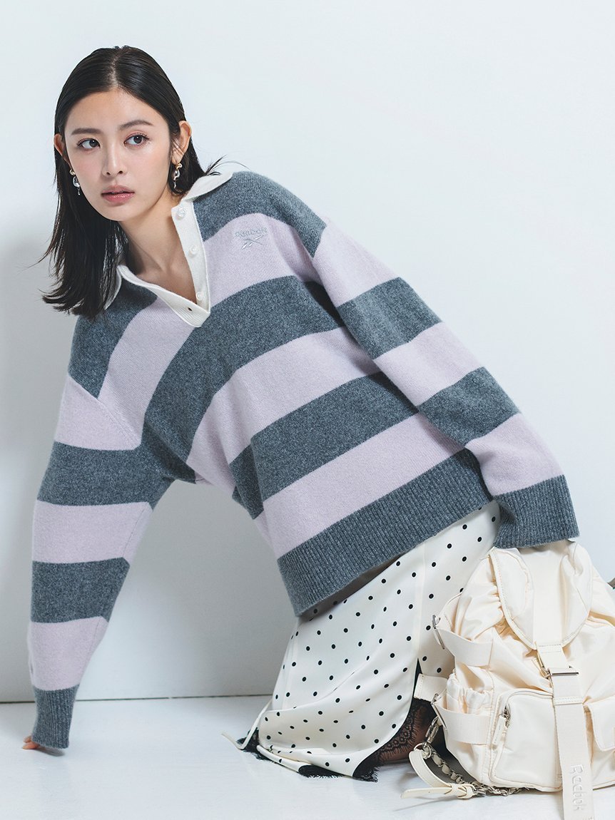 【フレイ アイディー/FRAY I.D】の【Reebok× FRAY I.D】ラガーカラーポロニットプルオーバー インテリア・キッズ・メンズ・レディースファッション・服の通販 founy(ファニー) 　ファッション　Fashion　レディースファッション　Fashion for Women　トップス・カットソー　Cut & Sew Tops　ニット　Knit Tops & Sweaters　カジュアルプルオーバー・ニットトップス　Pullovers & Knit Tops / Casual Pullovers　シルバー　Silver, Metallic Silver　スポーツ　Sports, Activewear　スマート　Smart, Elegant　なめらか　Smooth, Silky Texture　ボーダー　Border, Stripe　リラックス　Relax, Relaxed Fit　PNK[066]|ID: prp329100004832502 ipo3291000000035188957