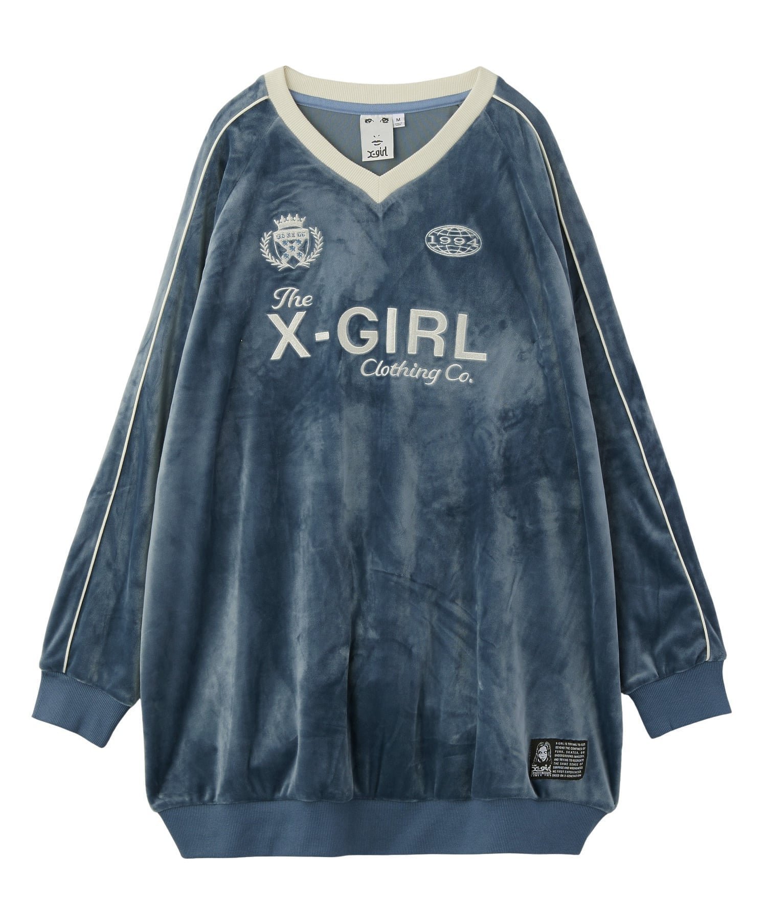 【エックスガール/X-girl】のVELOUR GAME SHIRT DRESS インテリア・キッズ・メンズ・レディースファッション・服の通販 founy(ファニー) 　ファッション　Fashion　レディースファッション　Fashion for Women　トップス・カットソー　Cut & Sew Tops　シャツ・ブラウス・オフィスカジュアル　Elegant Blouses & Button-Ups　ベロアトップス　Velour Tops / Velvet-Look Items　ワンピース　Dresses　フォーマル・パーティードレス・結婚式用ドレス　Elegant & Casual Dresses　なめらか　Smooth, Silky Texture　長袖　Long Sleeve, Full Sleeve　パイピング　Piping, Trim Design　フロント　Front, Front Design　ベロア　Velour, Soft Velvet　A/W・秋冬　Autumn/Winter　LtBLUE|ID: prp329100004832510 ipo3291000000035189070