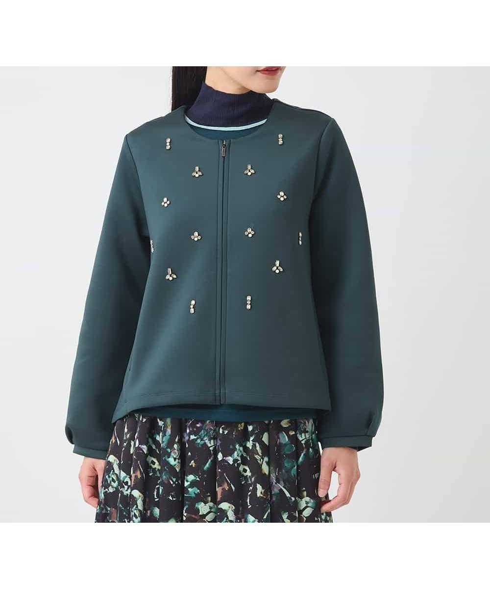 【ヒロコビス/HIROKO BIS】のビジューエンブロイダリーカーディガン /洗える インテリア・キッズ・メンズ・レディースファッション・服の通販 founy(ファニー) 　ファッション　Fashion　レディースファッション　Fashion for Women　トップス・カットソー　Cut & Sew Tops　カーディガン・羽織り　Layered Style Cardigans　おすすめ　Recommended / Our Picks　カーディガン　Cardigan, Knitwear　ストレッチ　Stretch, Stretchy Fabric　ビジュー　Bijou, Jewel-like Accent　フロント　Front, Front Design　ヘムライン　Hemline, Bottom Cut　メタル　Metal, Metal Parts　エレガント 上品　Elegant　洗える　Machine Washable　A/W・秋冬　Autumn/Winter　軽量　Lightweight, Ultra Light　グリーン|ID: prp329100004832541 ipo3291000000035189502