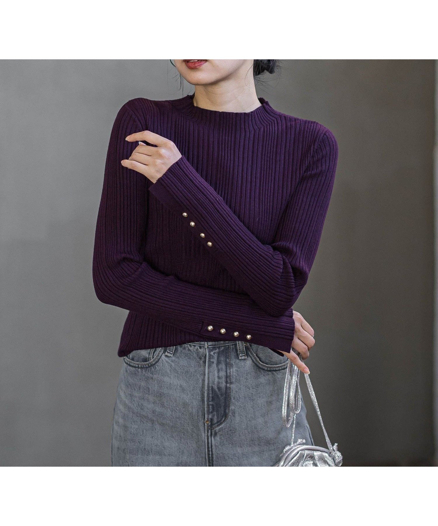 【ドロワット ロートレアモン/Droite Lautreamont】の【新色追加】袖ボタンランダムリブニット≪手洗い可能≫ インテリア・キッズ・メンズ・レディースファッション・服の通販 founy(ファニー) 　ファッション　Fashion　レディースファッション　Fashion for Women　トップス・カットソー　Cut & Sew Tops　ニット　Knit Tops & Sweaters　イエロー　Yellow　インナー　Innerwear　秋　Autumn　トレンド　Trend, Trending Now　長袖　Long Sleeve, Full Sleeve　ハイネック　High Neck, Mock Neck　フェミニン　Feminine, Girly　ベーシック　Basic, Essential　メタル　Metal, Metal Parts　無地　Plain, Solid Color　ランダム　Random, Irregular　A/W・秋冬　Autumn/Winter　2025年　2025　2025-2026秋冬・A/W　Autumn/Winter 2025–26 AW25–26　ボルドー|ID: prp329100004832576 ipo3291000000035189696