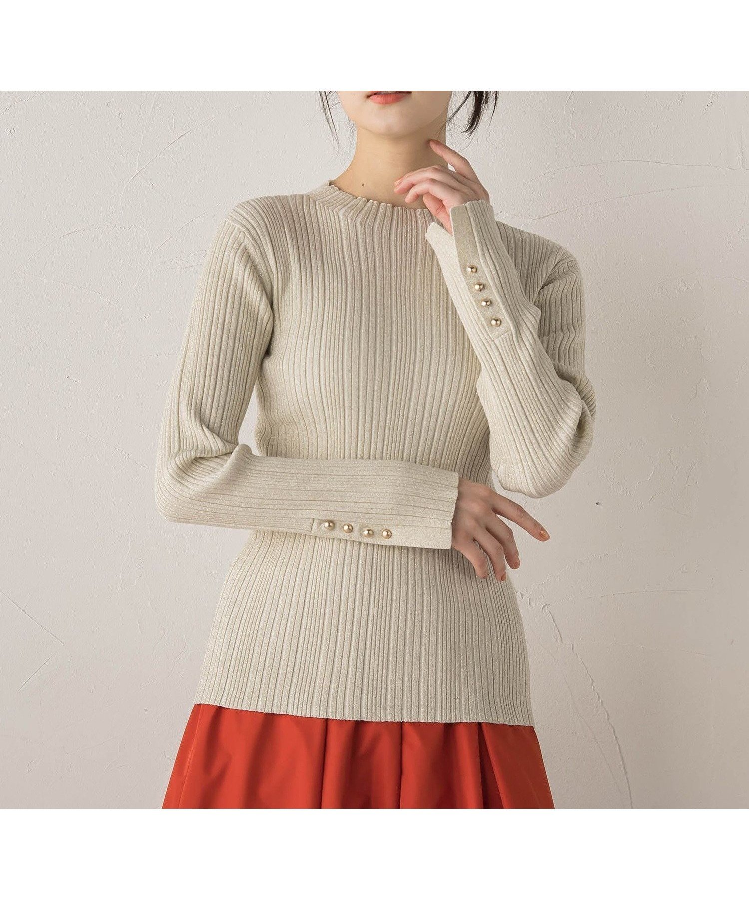 【ドロワット ロートレアモン/Droite Lautreamont】の【新色追加】袖ボタンランダムリブニット≪手洗い可能≫ インテリア・キッズ・メンズ・レディースファッション・服の通販 founy(ファニー) 　ファッション　Fashion　レディースファッション　Fashion for Women　トップス・カットソー　Cut & Sew Tops　ニット　Knit Tops & Sweaters　イエロー　Yellow　インナー　Innerwear　秋　Autumn　トレンド　Trend, Trending Now　長袖　Long Sleeve, Full Sleeve　ハイネック　High Neck, Mock Neck　フェミニン　Feminine, Girly　ベーシック　Basic, Essential　メタル　Metal, Metal Parts　無地　Plain, Solid Color　ランダム　Random, Irregular　A/W・秋冬　Autumn/Winter　2025年　2025　2025-2026秋冬・A/W　Autumn/Winter 2025–26 AW25–26　アイボリー|ID: prp329100004832576 ipo3291000000035189699