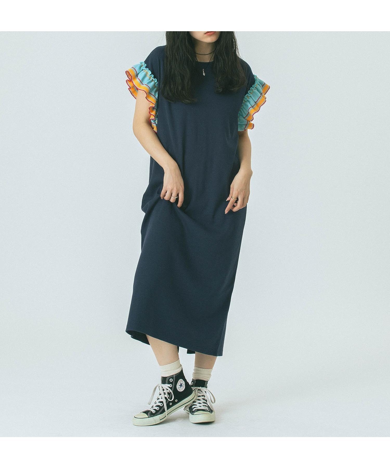 【ローズバッド/ROSE BUD】のFRILL SLEEVE DRESS インテリア・キッズ・メンズ・レディースファッション・服の通販 founy(ファニー) 　ファッション　Fashion　レディースファッション　Fashion for Women　トップス・カットソー　Cut & Sew Tops　ワンピース　Dresses　フォーマル・パーティードレス・結婚式用ドレス　Elegant & Casual Dresses　スニーカー　Sneakers, Trainers　フェミニン　Feminine, Girly　フリル　Frill, Ruffle　ベーシック　Basic, Essential　再入荷　Restock / Back in Stock　おすすめ　Recommended / Our Picks　NAVY|ID: prp329100004832606 ipo3291000000035189844