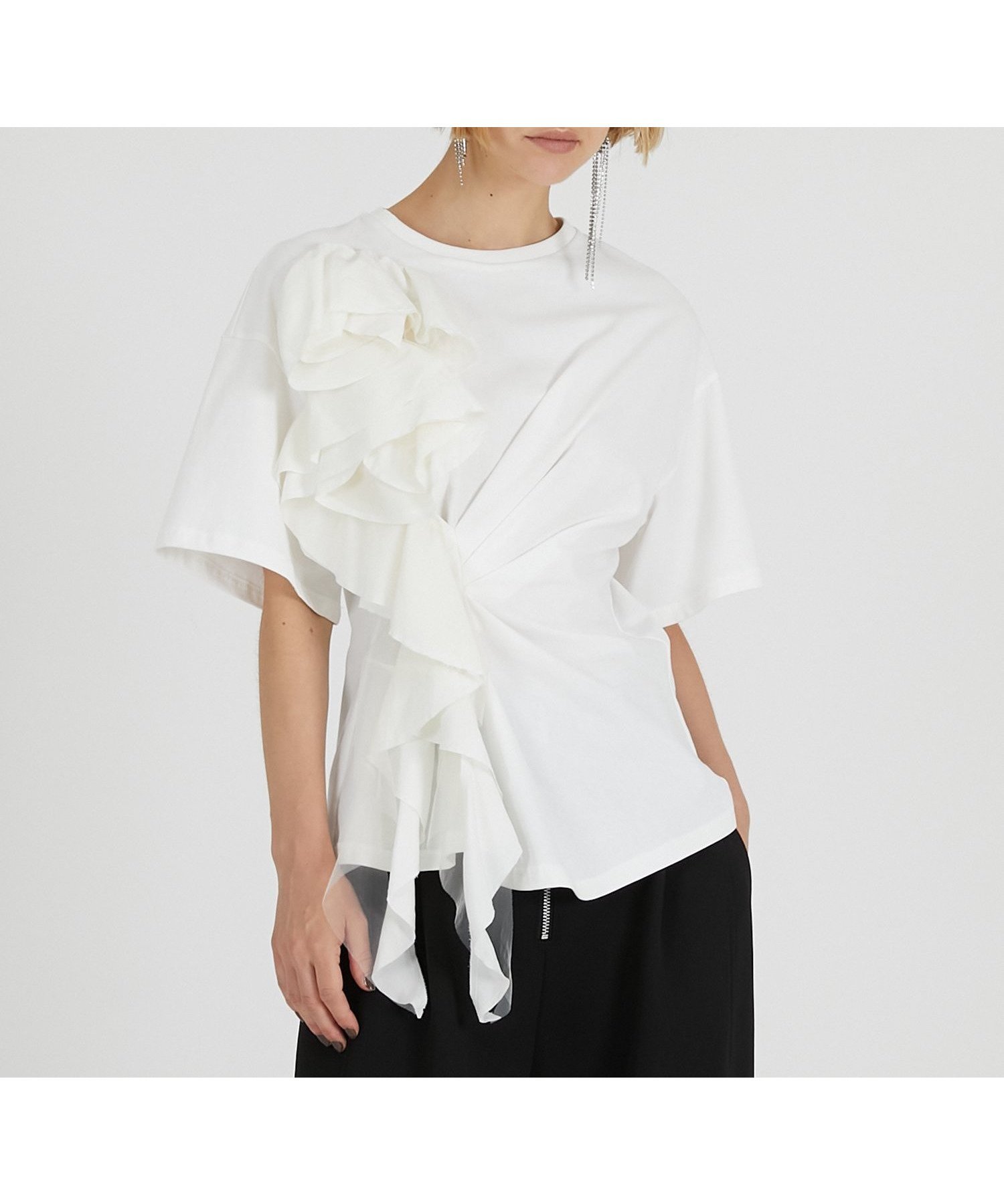 【プランク プロジェクト/PRANK PROJECT】のローズラッフルTEE インテリア・キッズ・メンズ・レディースファッション・服の通販 founy(ファニー) 　ファッション　Fashion　レディースファッション　Fashion for Women　サテン　Satin, Glossy Fabric　シェイプ　Shape, Slim Fit　チュール　Tulip, Tulip Motif　ドレープ　Drape, Draping Fabric　モチーフ　Motif, Design Theme　ラッフル　Ruffle, Frill　ローズ　Rose, Rose Motif　WHT|ID: prp329100004832710 ipo3291000000035191144