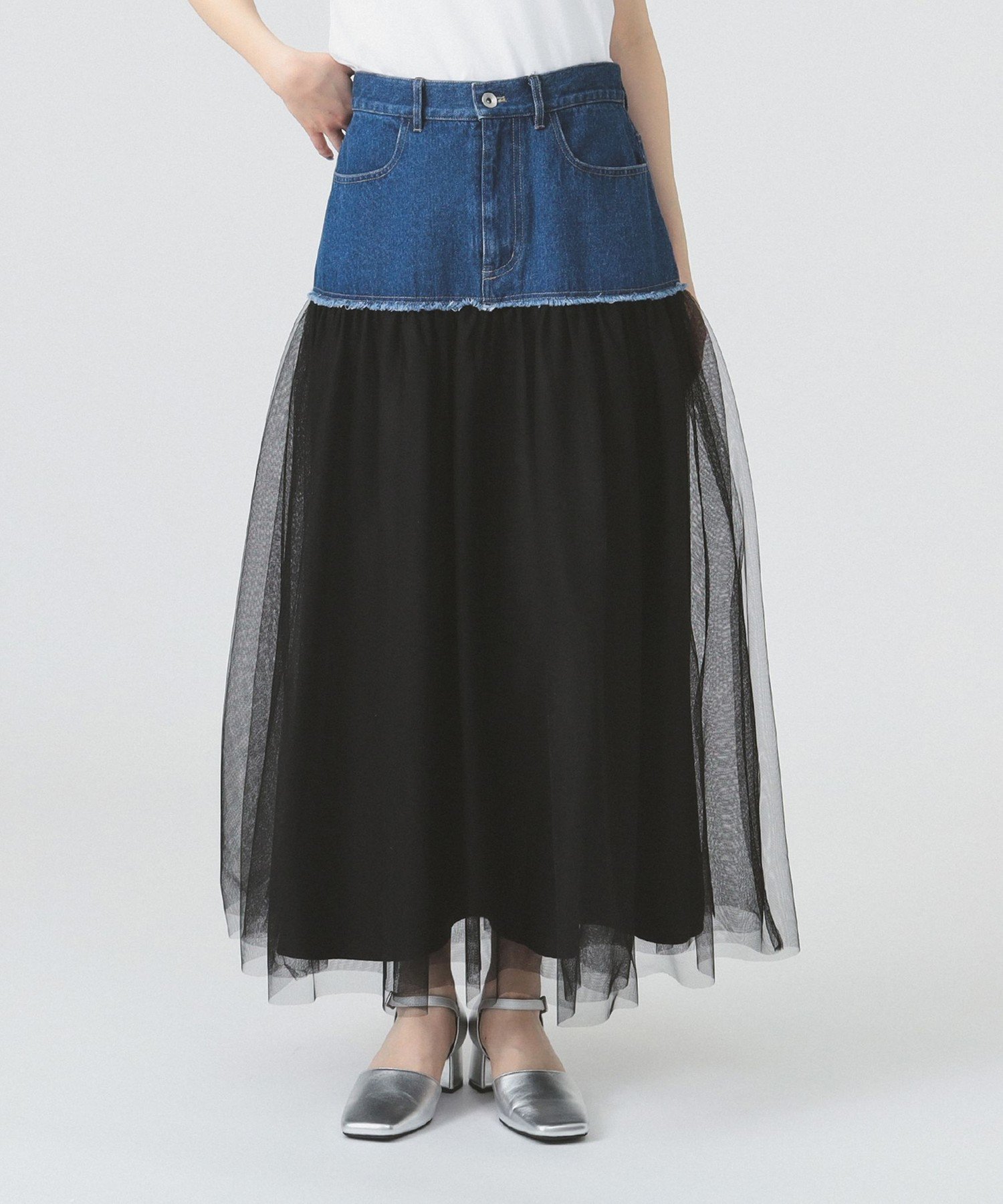 【ビームス ウイメン/BEAMS】のデニム キリカエ チュール スカート 人気、トレンドファッション・服の通販 founy(ファニー) 　ファッション　Fashion　レディースファッション　Fashion for Women　スカート　Skirts　おすすめ　Recommended / Our Picks　シューズ　Shoes, Footwear　スニーカー　Sneakers, Trainers　ダウン　Down, Puffer　チュール　Tulip, Tulip Motif　デニム　Denim, Jeans Material　バレエ　Ballet, Ballet Style　 other-1|ID: prp329100004833340 ipo3291000000035196624