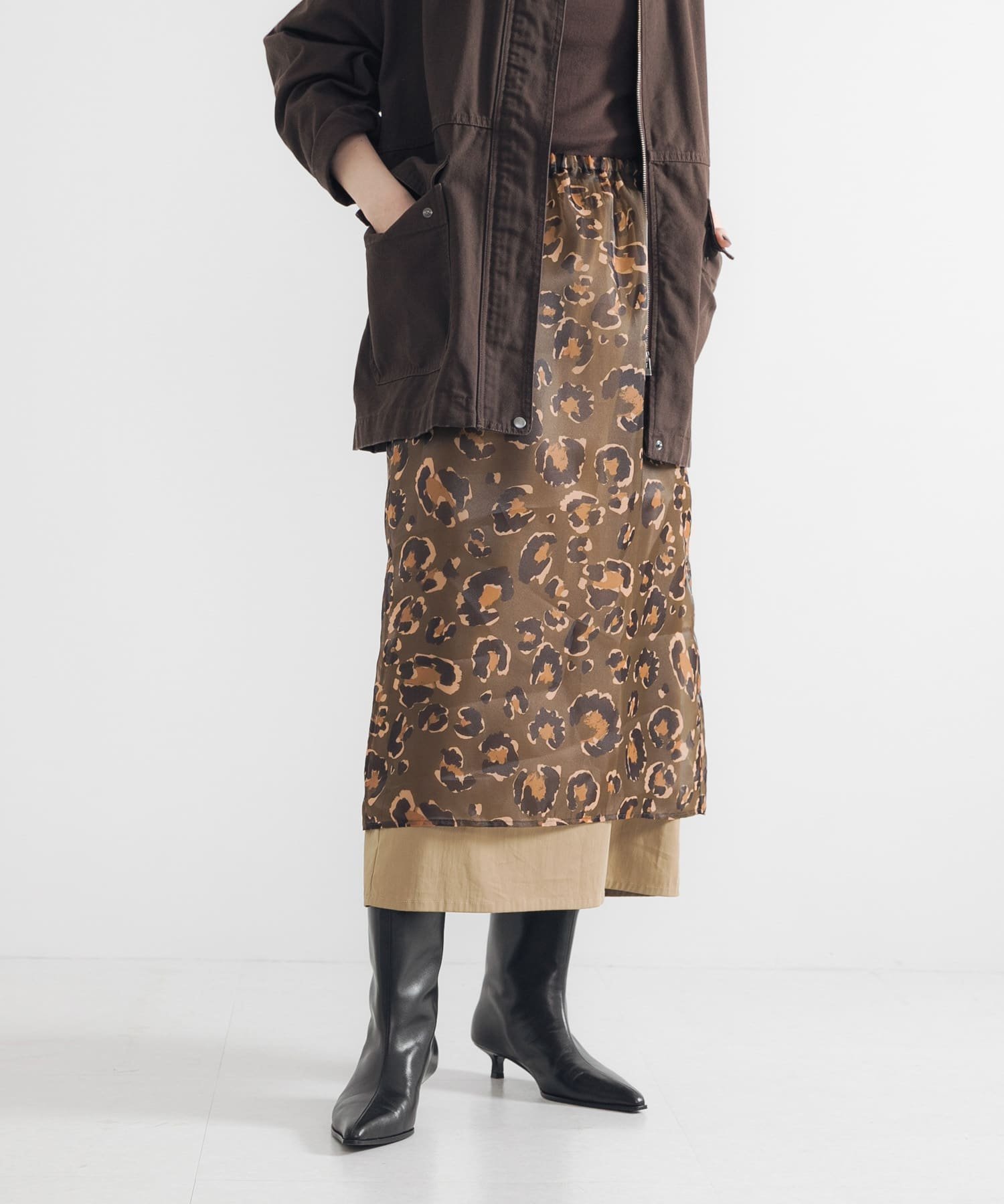 【アーバンリサーチ/URBAN RESEARCH】のレオパードプリントレイヤードスカート インテリア・キッズ・メンズ・レディースファッション・服の通販 founy(ファニー) 　ファッション　Fashion　レディースファッション　Fashion for Women　スカート　Skirts　インナー　Innerwear　オーガンジー　Organza Fabric　シアー　Sheer, See-Through　スリット　Slit, Slit Detail　ソックス　Socks, Hosiery　トレンド　Trend, Trending Now　レオパード　Leopard, Animal Print　A/W・秋冬　Autumn/Winter　冬　Winter / This Winter　エレガント 上品　Elegant　2025年　2025　2025-2026秋冬・A/W　Autumn/Winter 2025–26 AW25–26　KHAKI|ID: prp329100004833348 ipo3291000000035196726