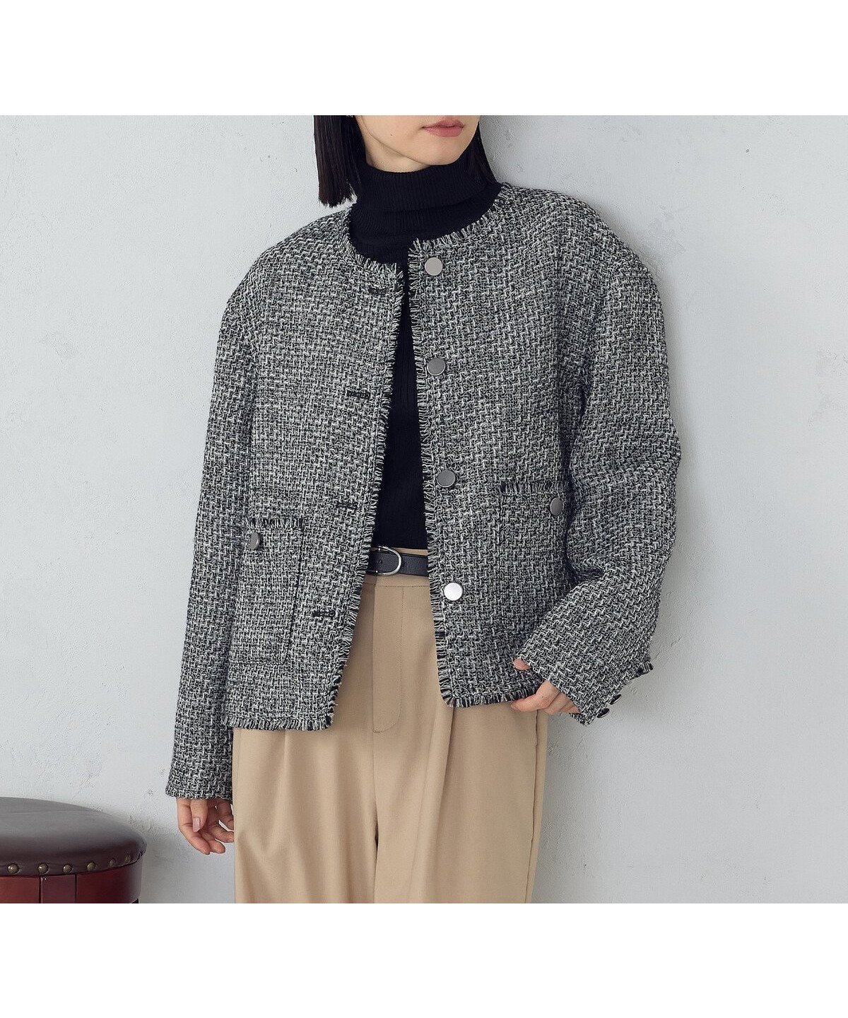 【コムサイズム/COMME CA ISM】のファンシーツイード ノーカラージャケット 人気、トレンドファッション・服の通販 founy(ファニー) ファッション Fashion レディースファッション Fashion for Women アウター Coat / Outerwear Collection レディースジャケット・軽アウター Jackets ノーカラージャケット / シンプル上品コーデ Collarless Jackets インナー Innerwear エレガント 上品 Elegant クラシカル Classical, Vintage-Inspired クロップド Cropped, Short Length クール Cool, Chic シンプル Simple, Minimal ジャケット Jacket, Outerwear ツイード Twill, Twill Weave デニム Denim, Jeans Material バランス Balance, Style Balance フロント Front, Front Design ボトム Bottoms, Lower Wear メタル Metal, Metal Parts ワイド Wide, Wide Fit other-1|ID: prp329100004833410 ipo3291000000035197496