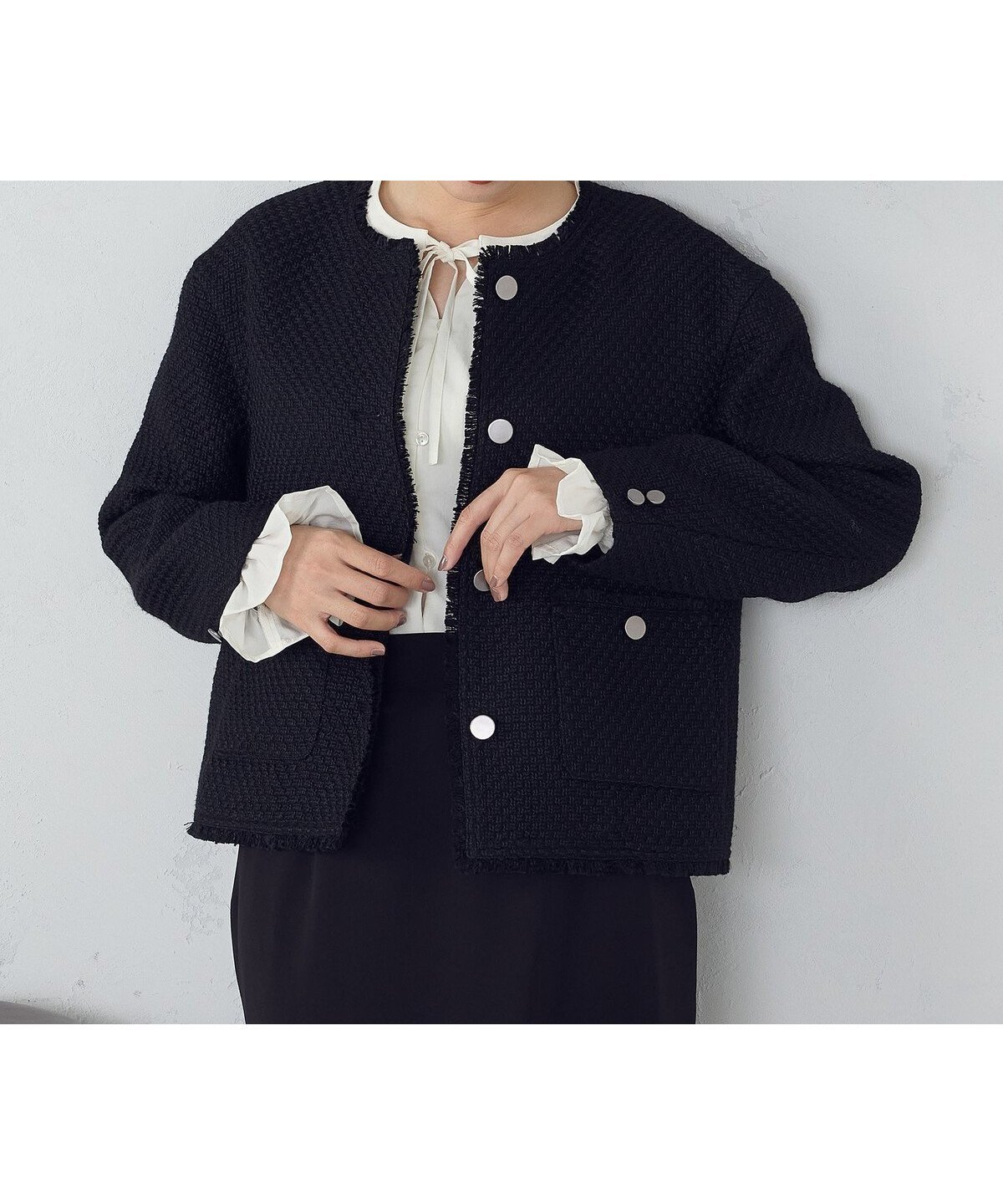 【コムサイズム/COMME CA ISM】のファンシーツイード ノーカラージャケット インテリア・キッズ・メンズ・レディースファッション・服の通販 founy(ファニー) ファッション Fashion レディースファッション Fashion for Women アウター Coat / Outerwear Collection レディースジャケット・軽アウター Jackets ノーカラージャケット / シンプル上品コーデ Collarless Jackets インナー Innerwear エレガント 上品 Elegant クラシカル Classical, Vintage-Inspired クロップド Cropped, Short Length クール Cool, Chic シンプル Simple, Minimal ジャケット Jacket, Outerwear ツイード Twill, Twill Weave デニム Denim, Jeans Material バランス Balance, Style Balance フロント Front, Front Design ボトム Bottoms, Lower Wear メタル Metal, Metal Parts ワイド Wide, Wide Fit ブラック|ID: prp329100004833410 ipo3291000000035197499