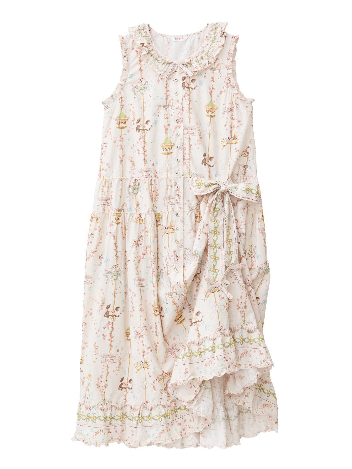 【ピンクハウス/PINK HOUSE】のメリーゴーラウンドプリントノースリーブワンピース 人気、トレンドファッション・服の通販 founy(ファニー) 　ファッション　Fashion　レディースファッション　Fashion for Women　ワンピース　Dresses　クラシカル　Classical, Vintage-Inspired　クラシック　Classic, Timeless Style　ノースリーブ　Sleeveless, No-Sleeve　猫　Cat, Kitty　フリル　Frill, Ruffle　ブロード　Broadcloth, Fine Cotton　プリント　Print, Printed Pattern　ペチコート　Petticoat, Underskirt　ロマンティック　Romantic, Feminine Style　ロング　Long, Long-Length　夏　Summer　エレガント 上品　Elegant　 other-1|ID: prp329100004833416 ipo3291000000035197560