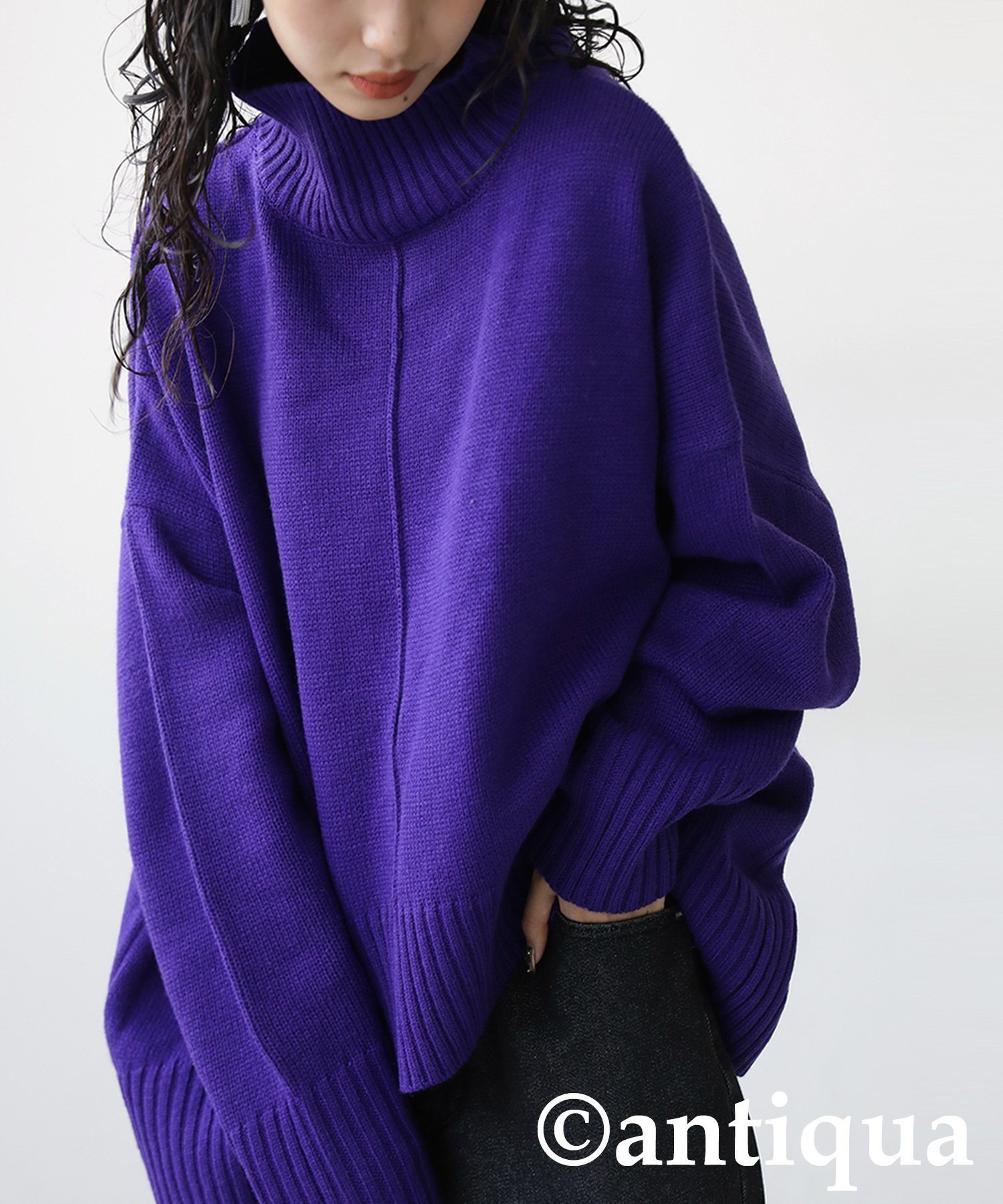 【アンティカ/antiqua】のantiqua アンティカ ハイネック ニット レディース 無地 長袖 PN-00432 インテリア・キッズ・メンズ・レディースファッション・服の通販 founy(ファニー) 　ファッション　Fashion　レディースファッション　Fashion for Women　トップス・カットソー　Cut & Sew Tops　ニット　Knit Tops & Sweaters　インナー　Innerwear　オレンジ　Orange　タートルネック　Turtleneck, High Neck　トレンド　Trend, Trending Now　定番　Standard, Basic Item　長袖　Long Sleeve, Full Sleeve　ハイネック　High Neck, Mock Neck　パープル　Purple, Violet　無地　Plain, Solid Color　ラウンド　Round, Round Neck　リラックス　Relax, Relaxed Fit　ワイド　Wide, Wide Fit　エレガント 上品　Elegant　23 パープル|ID: prp329100004833424 ipo3291000000035197630