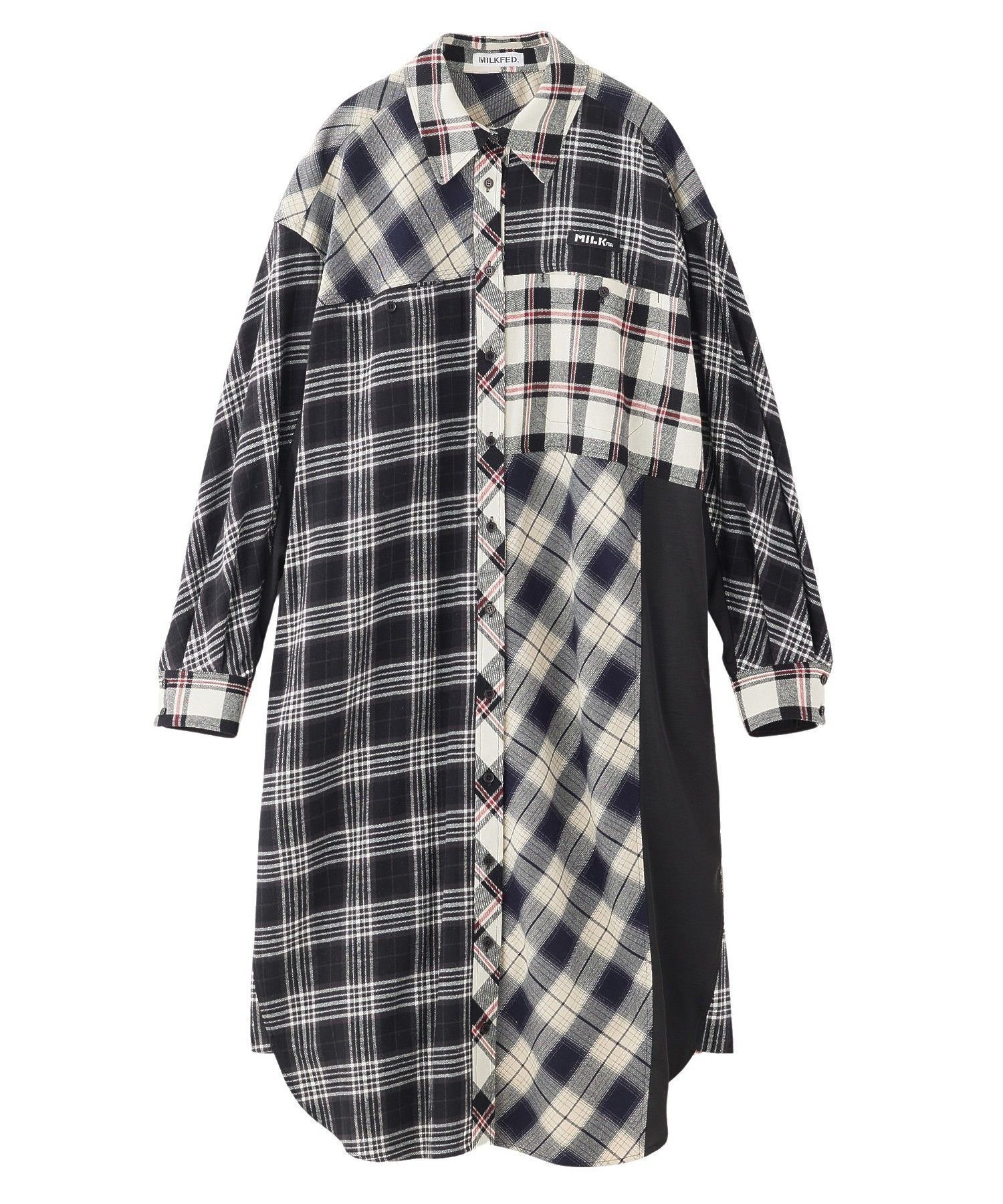 【ミルクフェド/MILKFED.】のPLAID PATCHWORK SHIRT DRESS インテリア・キッズ・メンズ・レディースファッション・服の通販 founy(ファニー) 　ファッション　Fashion　レディースファッション　Fashion for Women　トップス・カットソー　Cut & Sew Tops　シャツ・ブラウス・オフィスカジュアル　Elegant Blouses & Button-Ups　ワンピース　Dresses　フォーマル・パーティードレス・結婚式用ドレス　Elegant & Casual Dresses　今季　This Season, Current Season　サテン　Satin, Glossy Fabric　スウェット / スエット　Sweatshirt, Sweatwear　チェック　Check, Plaid, Tartan　ドレス　Dress, One-Piece　人気　Popular, Best Seller　バランス　Balance, Style Balance　パッチワーク　Patchwork, Mixed Fabric　マキシ　Maxi, Full Length　ロング　Long, Long-Length　再入荷　Restock / Back in Stock　おすすめ　Recommended / Our Picks　BLACK|ID: prp329100004833439 ipo3291000000035197723