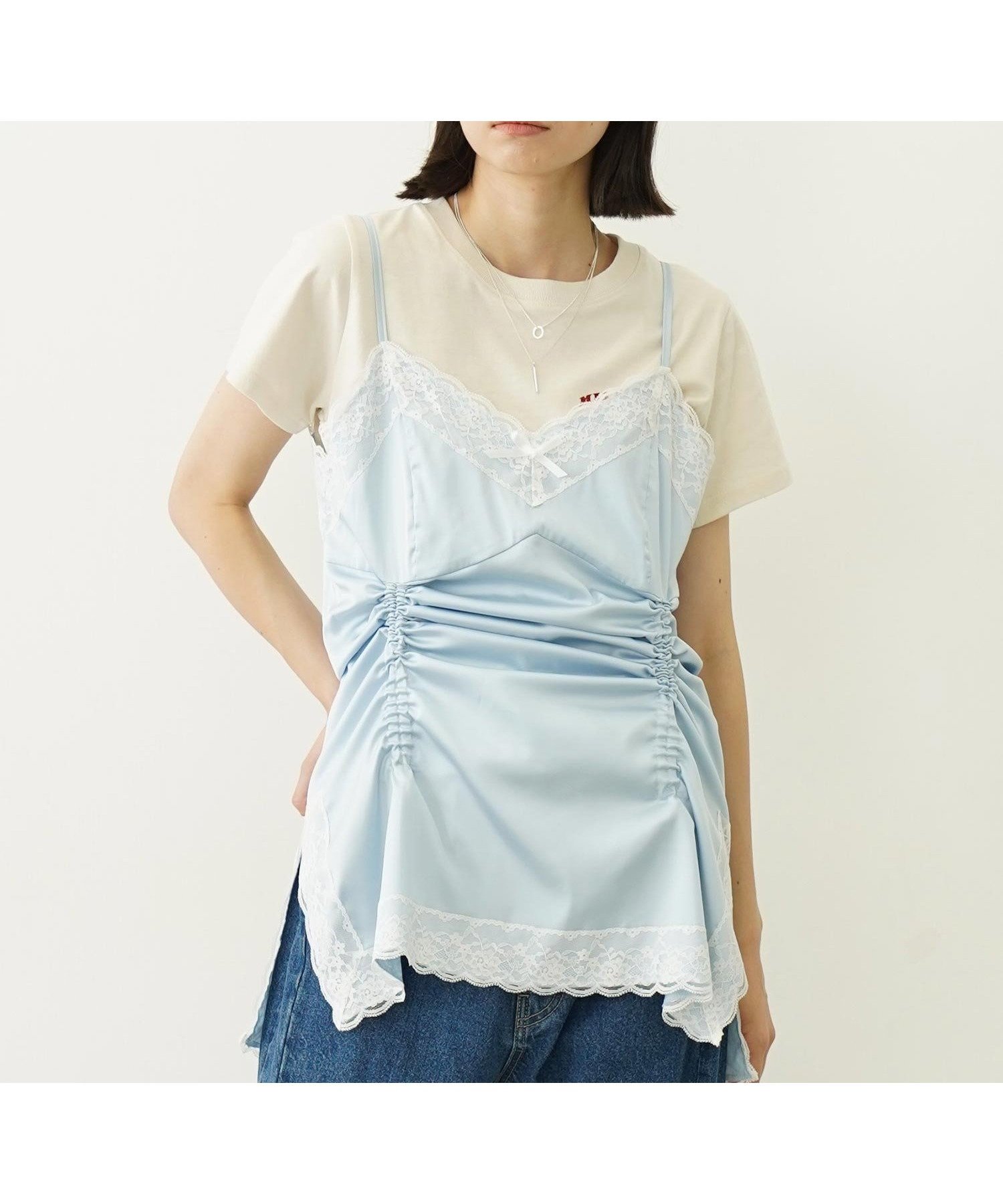 【ミルクフェド/MILKFED.】のGATHERED CAMISOLE インテリア・キッズ・メンズ・レディースファッション・服の通販 founy(ファニー) 　ファッション　Fashion　レディースファッション　Fashion for Women　キャミソール　Camisole, Spaghetti Strap Top　ギャザー　Gathered, Ruffled　サテン　Satin, Glossy Fabric　ショート　Short, Short Length　ソックス　Socks, Hosiery　トレンド　Trend, Trending Now　リボン　Ribbon, Bow　再入荷　Restock / Back in Stock　おすすめ　Recommended / Our Picks　LtBLUE|ID: prp329100004833449 ipo3291000000035197791