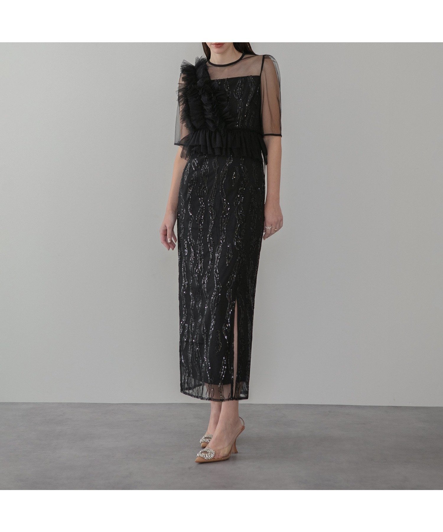 【レジャ/Leja】のLeja-アシンメトリーフリルチュールIラインワンピースドレス結婚式 インテリア・キッズ・メンズ・レディースファッション・服の通販 founy(ファニー) 　ファッション　Fashion　レディースファッション　Fashion for Women　ワンピース　Dresses　フォーマル・パーティードレス・結婚式用ドレス　Elegant & Casual Dresses　アシンメトリー　Asymmetrical Style　エレガント 上品　Elegant　スパンコール　Sequins, Sequin Embellishment　スリット　Slit, Slit Detail　デコルテ　Décolleté, Neckline　ドレス　Dress, One-Piece　ビスチェ　Bustier, Corset Top　フリル　Frill, Ruffle　ラグジュアリー　Luxury, Elegant　ロング　Long, Long-Length　無地　Plain, Solid Color　結婚式　Wedding　BLACK|ID: prp329100004833533 ipo3291000000035198877