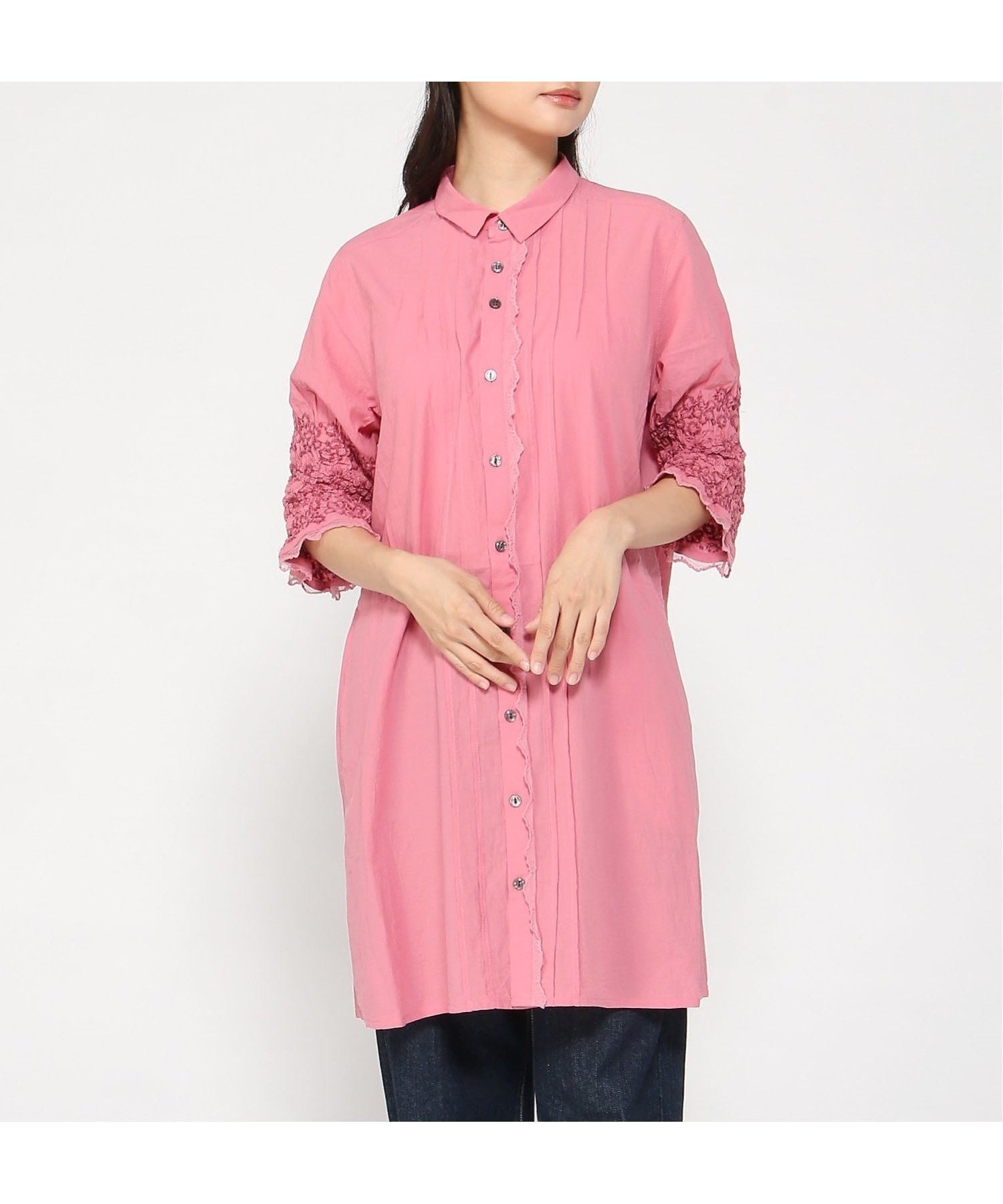 【スーパーハッカ/SUPER HAKKA】のコットンローンワッシャー シャーリングフローラルライン刺繍チュニックブラウス インテリア・キッズ・メンズ・レディースファッション・服の通販 founy(ファニー) ファッション Fashion レディースファッション Fashion for Women トップス・カットソー Cut & Sew Tops シャツ・ブラウス・オフィスカジュアル Elegant Blouses & Button-Ups シャーリング Shirring, Ruched チュニック Tunic, Long Top フラワー Flower, Floral ポケット Pocket, Pocket Detail モチーフ Motif, Design Theme レース Lace, Lace Fabric ピンク|ID: prp329100004833548 ipo3291000000035199227