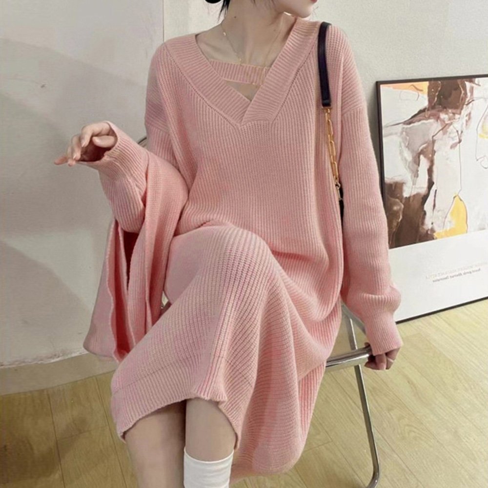 【ミニミニストア/miniministore】のニットワンピース レディース 韓国 秋冬 インテリア・キッズ・メンズ・レディースファッション・服の通販 founy(ファニー) 　ファッション　Fashion　レディースファッション　Fashion for Women　ワンピース　Dresses　ニットワンピース　Knit Dresses　ショルダー　Shoulder, Shoulder Strap　シンプル　Simple, Minimal　ドロップ　Drop Shoulder, Dropped Style　ベーシック　Basic, Essential　無地　Plain, Solid Color　ロング　Long, Long-Length　冬　Winter / This Winter　A/W・秋冬　Autumn/Winter　エレガント 上品　Elegant　ピンク|ID: prp329100004833567 ipo3291000000035199657