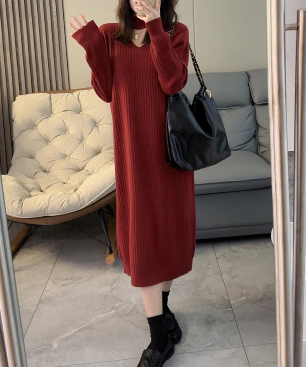 【ミニミニストア/miniministore】のリブニットワンピース ロング丈 vネック インテリア・キッズ・メンズ・レディースファッション・服の通販 founy(ファニー) 　ファッション　Fashion　レディースファッション　Fashion for Women　ワンピース　Dresses　ニットワンピース　Knit Dresses　アクリル　Acrylic Material　シンプル　Simple, Minimal　デコルテ　Décolleté, Neckline　長袖　Long Sleeve, Full Sleeve　無地　Plain, Solid Color　ロング　Long, Long-Length　A/W・秋冬　Autumn/Winter　ワインレッド|ID: prp329100004833568 ipo3291000000035199666