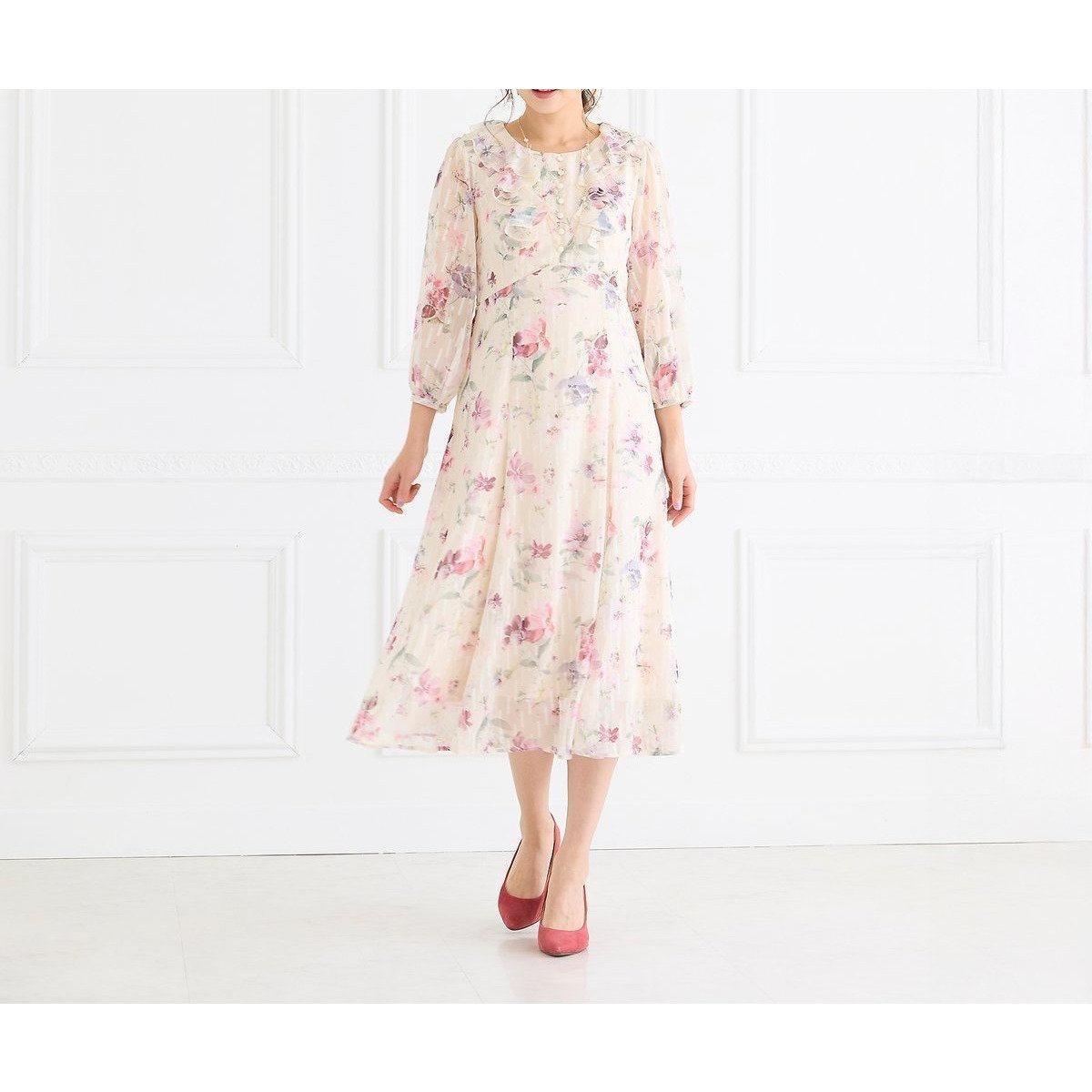 【ローズティアラ/Rose Tiara】のラメストライプフラワープリントワンピース 人気、トレンドファッション・服の通販 founy(ファニー) 　ファッション　Fashion　レディースファッション　Fashion for Women　ワンピース　Dresses　エアリー　Airy Texture　ストライプ　Stripe, Striped Pattern　フィット　Fit, Slim Fit　フォルム　Silhouette, Form　フリル　Frill, Ruffle　フロント　Front, Front Design　ポケット　Pocket, Pocket Detail　リボン　Ribbon, Bow　エレガント 上品　Elegant　 other-1|ID: prp329100004833581 ipo3291000000035199865