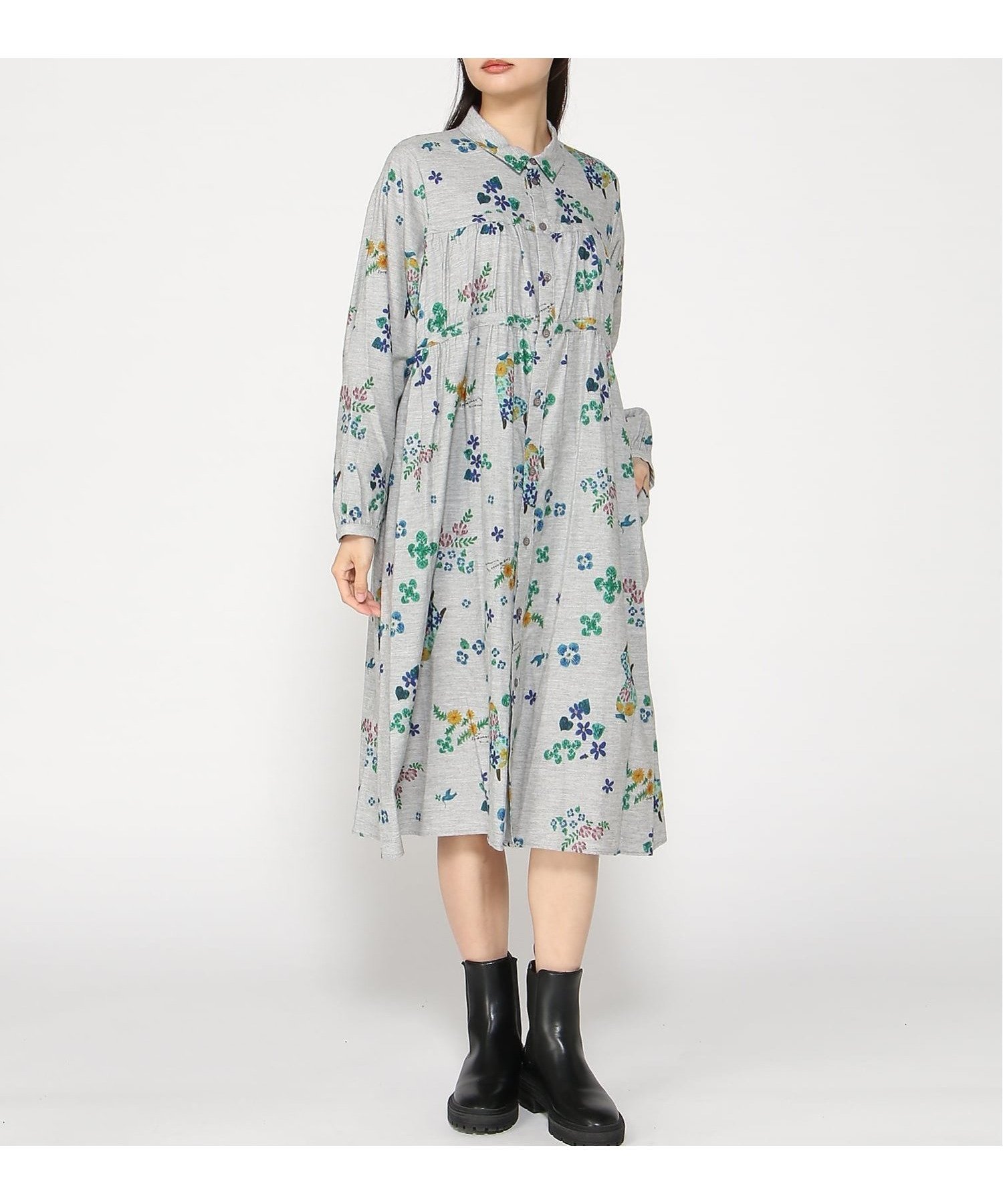 【スーパーハッカ/SUPER HAKKA】のSUPER HAKKA×マツモトヨーコ コットン先染めシャンブレー「冬から春へ」/「春の野にて」プリントワンピース(前開き) インテリア・キッズ・メンズ・レディースファッション・服の通販 founy(ファニー) 　ファッション　Fashion　レディースファッション　Fashion for Women　ワンピース　Dresses　シャンブレー　Chambray, Denim-Like Fabric　プリント　Print, Printed Pattern　冬　Winter / This Winter　春　Spring　杢グレー|ID: prp329100004833600 ipo3291000000035200016