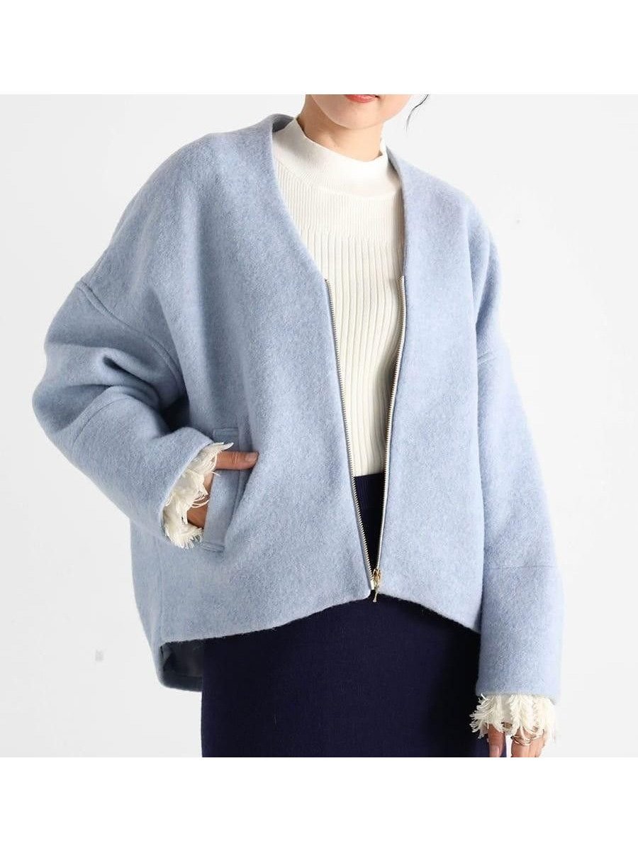 【ヴァン/Vin】のVネックウールブレンドショートコート インテリア・キッズ・メンズ・レディースファッション・服の通販 founy(ファニー) 　ファッション　Fashion　レディースファッション　Fashion for Women　アウター　Coat / Outerwear Collection　コート・ロングコート・ピーコート　Long Coats, Peacoats & More　シンプル　Simple, Minimal　タートルネック　Turtleneck, High Neck　ライトブルー|ID: prp329100004834110 ipo3291000000035207797
