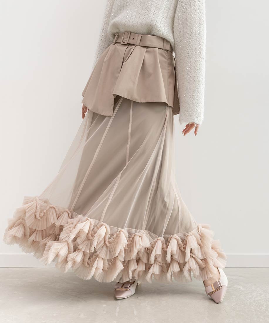 【ランダ/RANDA】のプリーツフリルドッキングスカート インテリア・キッズ・メンズ・レディースファッション・服の通販 founy(ファニー) 　ファッション　Fashion　レディースファッション　Fashion for Women　スカート　Skirts　シンプル　Simple, Minimal　チュール　Tulip, Tulip Motif　ドッキング　Docking, Mixed Material　フェミニン　Feminine, Girly　フリル　Frill, Ruffle　プリーツ　Pleats, Pleated　ボトム　Bottoms, Lower Wear　エレガント 上品　Elegant　BEIGE|ID: prp329100004834140 ipo3291000000035208148
