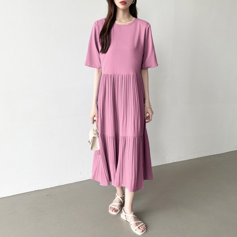 【ココモモ/COCOMOMO】のフレアワンピース ロング丈 半袖 ギャザーワンピース 夏 レディース クルーネック インテリア・キッズ・メンズ・レディースファッション・服の通販 founy(ファニー) 　ファッション　Fashion　レディースファッション　Fashion for Women　ワンピース　Dresses　おすすめ　Recommended / Our Picks　インナー　Innerwear　ギャザー　Gathered, Ruffled　シャーリング　Shirring, Ruched　フレア　Flare, Flared　ペチコート　Petticoat, Underskirt　ロング　Long, Long-Length　半袖　Short Sleeve, Half Sleeve　夏　Summer　ピンク|ID: prp329100004834186 ipo3291000000035209076