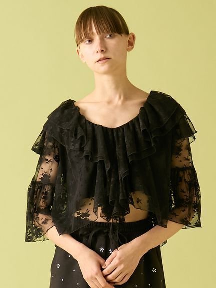 【ファーファー/FURFUR】のフラワーレースラッフルブラウス インテリア・キッズ・メンズ・レディースファッション・服の通販 founy(ファニー) 　ファッション　Fashion　レディースファッション　Fashion for Women　トップス・カットソー　Cut & Sew Tops　シャツ・ブラウス・オフィスカジュアル　Elegant Blouses & Button-Ups　スマート　Smart, Elegant　デニム　Denim, Jeans Material　トレンド　Trend, Trending Now　フリル　Frill, Ruffle　ボヘミアン　Bohemian, Ethnic Style　ラッフル　Ruffle, Frill　レース　Lace, Lace Fabric　ワイド　Wide, Wide Fit　BLK[009]|ID: prp329100004834226 ipo3291000000035209704