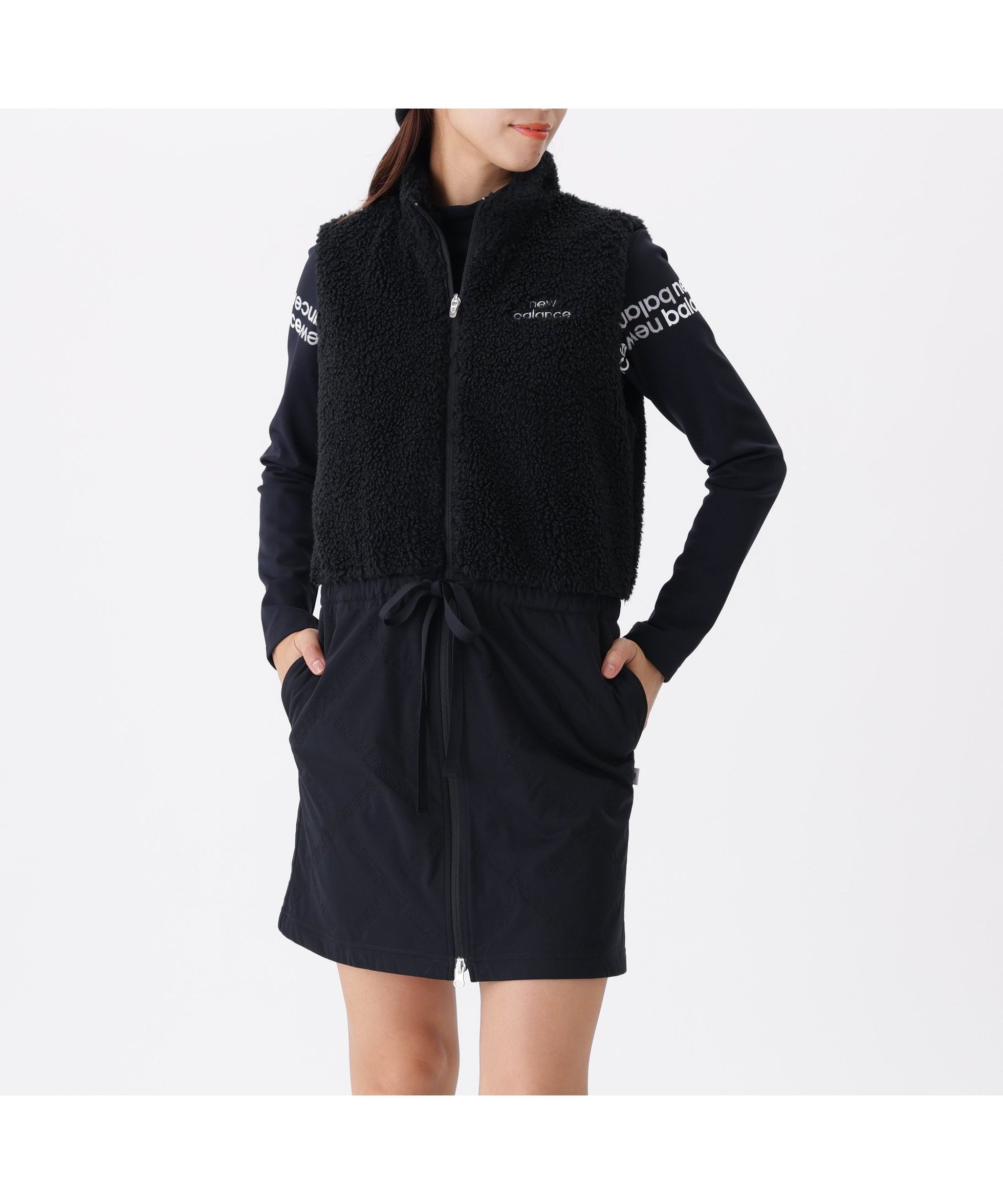 【ニューバランス ゴルフ/New Balance Golf】のボア×ロゴキルト フルジップ ワンピース (WOMENS) インテリア・キッズ・メンズ・レディースファッション・服の通販 founy(ファニー) 　ファッション　Fashion　レディースファッション　Fashion for Women　ワンピース　Dresses　キルト　Quilt, Quilted Fabric　クラッシュ　Distressed, Crashed Style　シンプル　Simple, Minimal　ストレッチ　Stretch, Stretchy Fabric　チェック　Check, Plaid, Tartan　フロント　Front, Front Design　リラックス　Relax, Relaxed Fit　A/W・秋冬　Autumn/Winter　ブラック|ID: prp329100004834240 ipo3291000000035209876