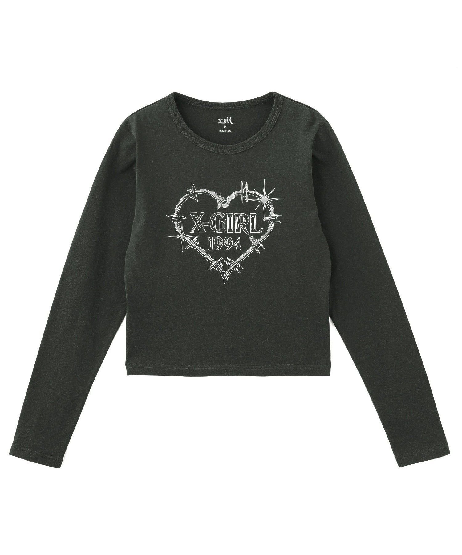 【エックスガール/X-girl】のBARBED WIRE HEART L/S BABY TEE インテリア・キッズ・メンズ・レディースファッション・服の通販 founy(ファニー) 　ファッション　Fashion　レディースファッション　Fashion for Women　グラフィック　Graphic, Graphic Design　コンパクト　Compact, Small Size　今季　This Season, Current Season　シルバー　Silver, Metallic Silver　デニム　Denim, Jeans Material　トレンド　Trend, Trending Now　長袖　Long Sleeve, Full Sleeve　プリント　Print, Printed Pattern　モノトーン　Monotone, Black and White　ラバー　Rubber, Rubber Sole　ロング　Long, Long-Length　CHARCOAL|ID: prp329100004834310 ipo3291000000035211080