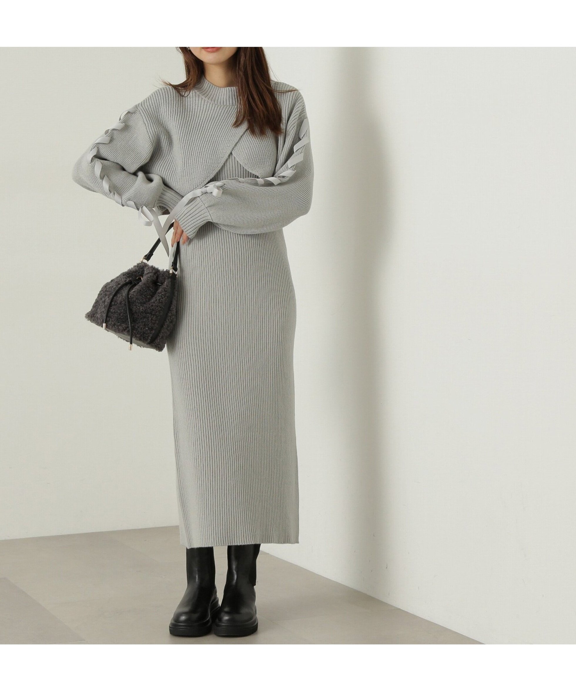 【プロポーション ボディドレッシング/PROPORTION BODY DRESSING】のレースアップレイヤードニットワンピース インテリア・キッズ・メンズ・レディースファッション・服の通販 founy(ファニー) 　ファッション　Fashion　レディースファッション　Fashion for Women　ワンピース　Dresses　ニットワンピース　Knit Dresses　半袖　Short Sleeve, Half Sleeve　ライトグリーン|ID: prp329100004835011 ipo3291000000035216617