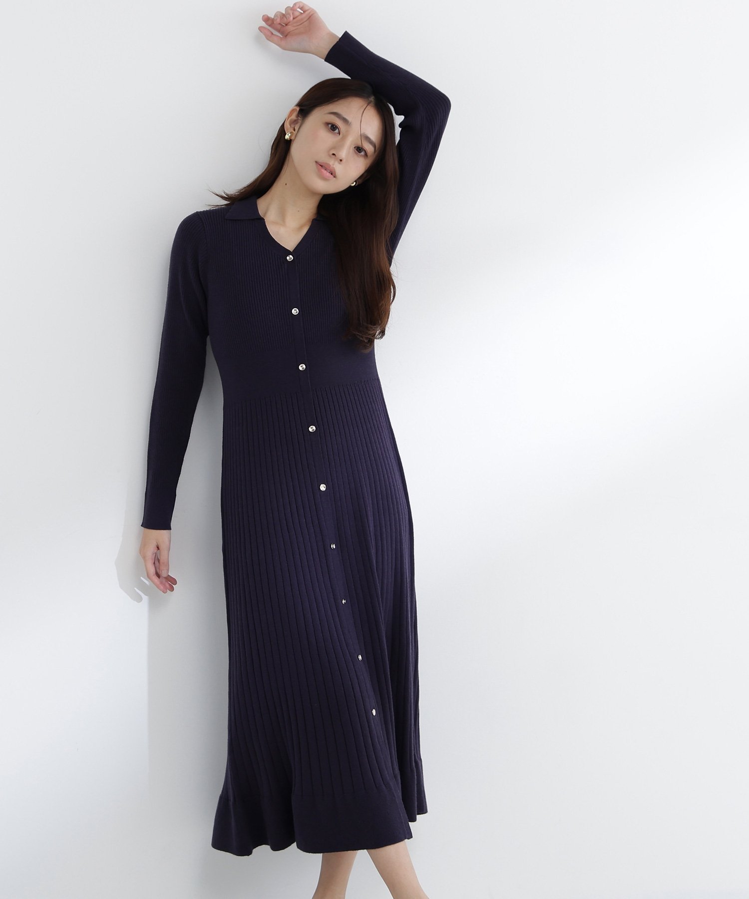 【ナチュラル ビューティー ベーシック/NATURAL BEAUTY BASIC】のスキッパーリブニットワンピース インテリア・キッズ・メンズ・レディースファッション・服の通販 founy(ファニー) 　ファッション　Fashion　レディースファッション　Fashion for Women　ワンピース　Dresses　ニットワンピース　Knit Dresses　スキッパー　Skipper, Open Collar　エレガント 上品　Elegant　ビジネス 仕事 通勤　Business / Work / Commuting　ネイビー|ID: prp329100004835028 ipo3291000000035216857