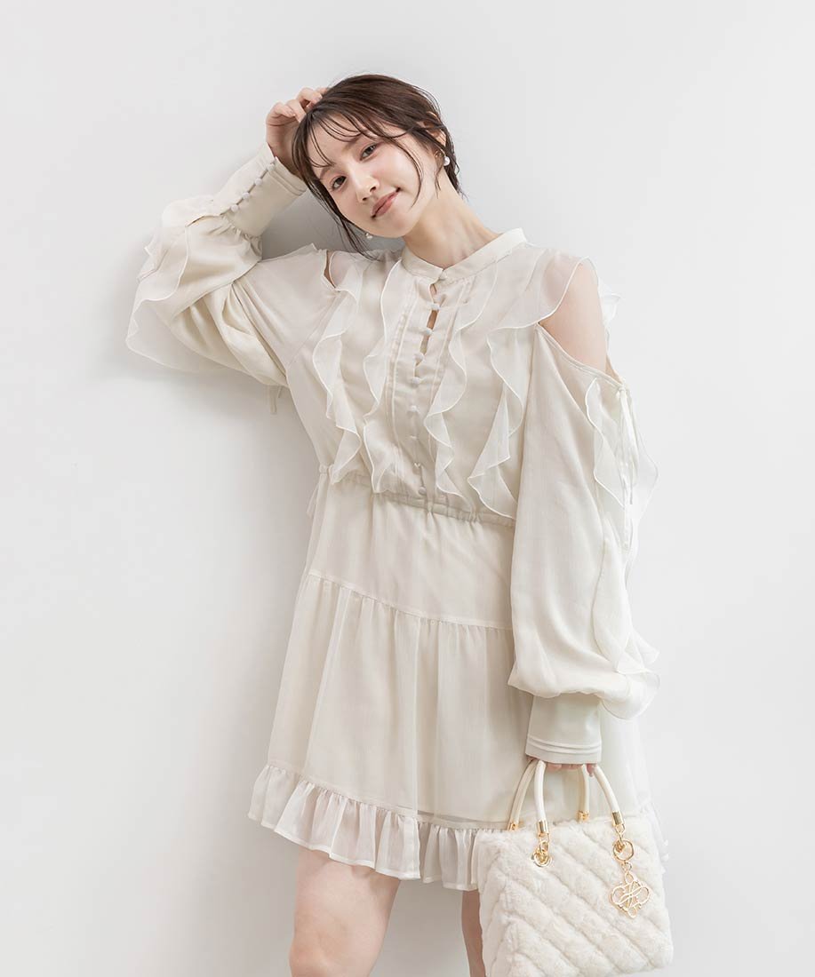 【ランダ/RANDA】の2WAY シフォンフリルワンピース インテリア・キッズ・メンズ・レディースファッション・服の通販 founy(ファニー) 　ファッション　Fashion　レディースファッション　Fashion for Women　ワンピース　Dresses　シフォン　Chiffon, Lightweight Fabric　チュニック　Tunic, Long Top　フェミニン　Feminine, Girly　フリル　Frill, Ruffle　リボン　Ribbon, Bow　エレガント 上品　Elegant　IVORY|ID: prp329100004835050 ipo3291000000035217079