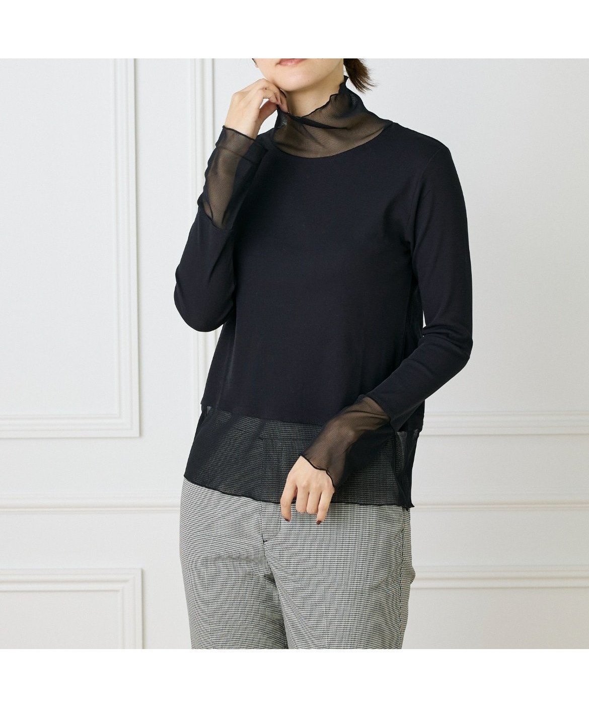 【イッツインターナショナル/I.T.'S. international】のチュールドッキングハイネックカットソー インテリア・キッズ・メンズ・レディースファッション・服の通販 founy(ファニー) 　ファッション　Fashion　レディースファッション　Fashion for Women　トップス・カットソー　Cut & Sew Tops　カットソー・ベーシックTシャツ　Cut-and-Sewn Tops / Stretch Tees & Basics　シアー　Sheer, See-Through　ストレッチ　Stretch, Stretchy Fabric　スマート　Smart, Elegant　チュール　Tulip, Tulip Motif　ハイネック　High Neck, Mock Neck　レース　Lace, Lace Fabric　ロング　Long, Long-Length　ブラック|ID: prp329100004835290 ipo3291000000035220731