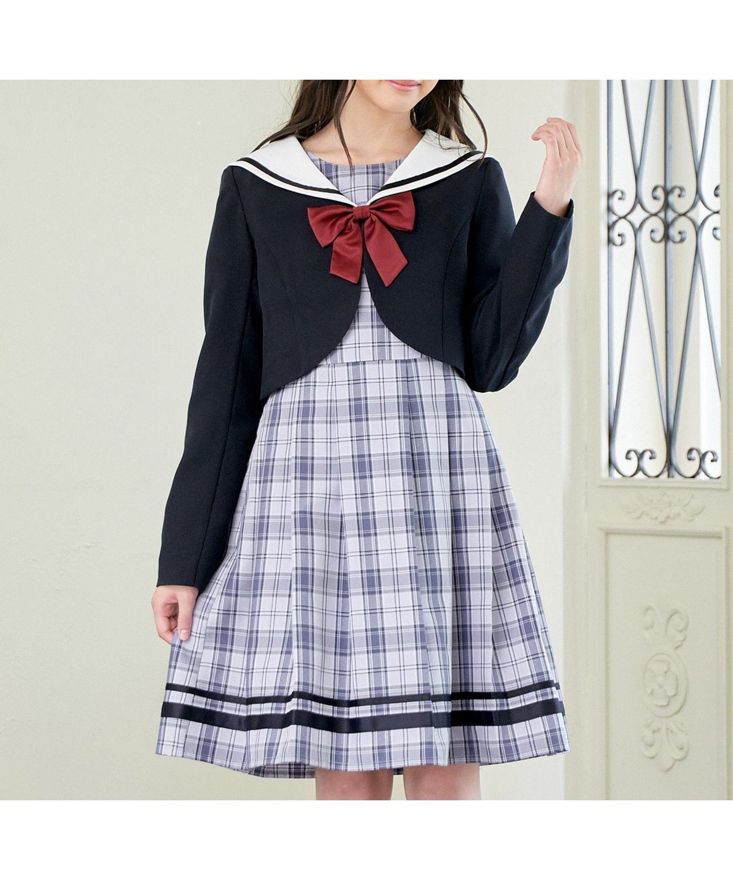【エニー/ANY / KIDS】の【2点セット】セーラージャケット+チェックワンピース インテリア・キッズ・メンズ・レディースファッション・服の通販 founy(ファニー) 　ファッション　Fashion　キッズファッション　Fashion for Kids　ワンピース　Dresses　ジャケット　Jacket, Outerwear　セレモニー　Ceremony　チェック　Check, Plaid, Tartan　ハンカチ　Handkerchief, Hanky　ポケット　Pocket, Pocket Detail　リボン　Ribbon, Bow　エレガント 上品　Elegant　入学式　Entrance Ceremony　卒業式　Graduation Ceremony　ネイビー[075]|ID: prp329100004835588 ipo3291000000035222777