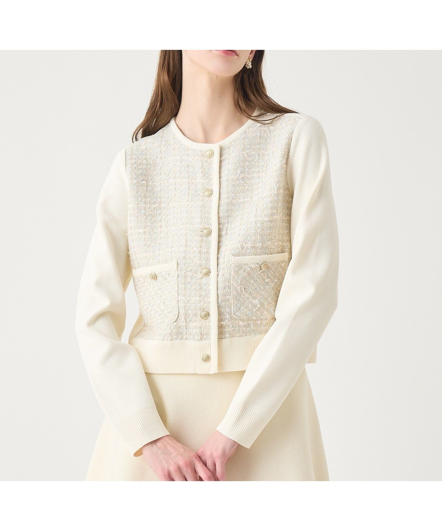 【アナイ/ANAYI】の【Eternal Line 2026】ツイードコンビブルゾン カーディガン 人気、トレンドファッション・服の通販 founy(ファニー) 　ファッション　Fashion　レディースファッション　Fashion for Women　トップス・カットソー　Cut & Sew Tops　カーディガン・羽織り　Layered Style Cardigans　カーディガン　Cardigan, Knitwear　ジャケット　Jacket, Outerwear　ストレッチ　Stretch, Stretchy Fabric　スマート　Smart, Elegant　セットアップ　Set-Up, Coordinated Outfit　ツイード　Twill, Twill Weave　人気　Popular, Best Seller　ミックス　Mix, Mixed Style　ミラノリブ　Milano Rib, Milano Stitch　再入荷　Restock / Back in Stock　エレガント 上品　Elegant　 other-1|ID: prp329100004835693 ipo3291000000035223516