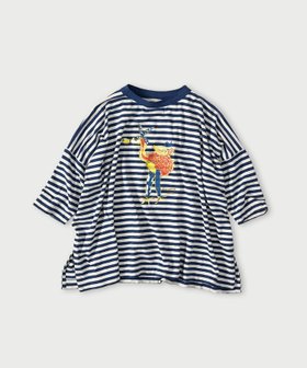 【フォーティファイブ アール/45R】のボーダー天竺フラミングウェイプリントのビッグスリットTシャツ 人気、トレンドファッション・服の通販 founy(ファニー) ファッション Fashion レディースファッション Fashion for Women トップス・カットソー Cut & Sew Tops シャツ・ブラウス・オフィスカジュアル Elegant Blouses & Button-Ups ロングTシャツ・Tシャツ Longline T-Shirts & Tees カラフル Colorful Design スリット Slit, Slit Detail バンダナ Bandana, Head Scarf ビッグ Big, Oversized ボーダー Border, Stripe |ID:prp329100004835707
