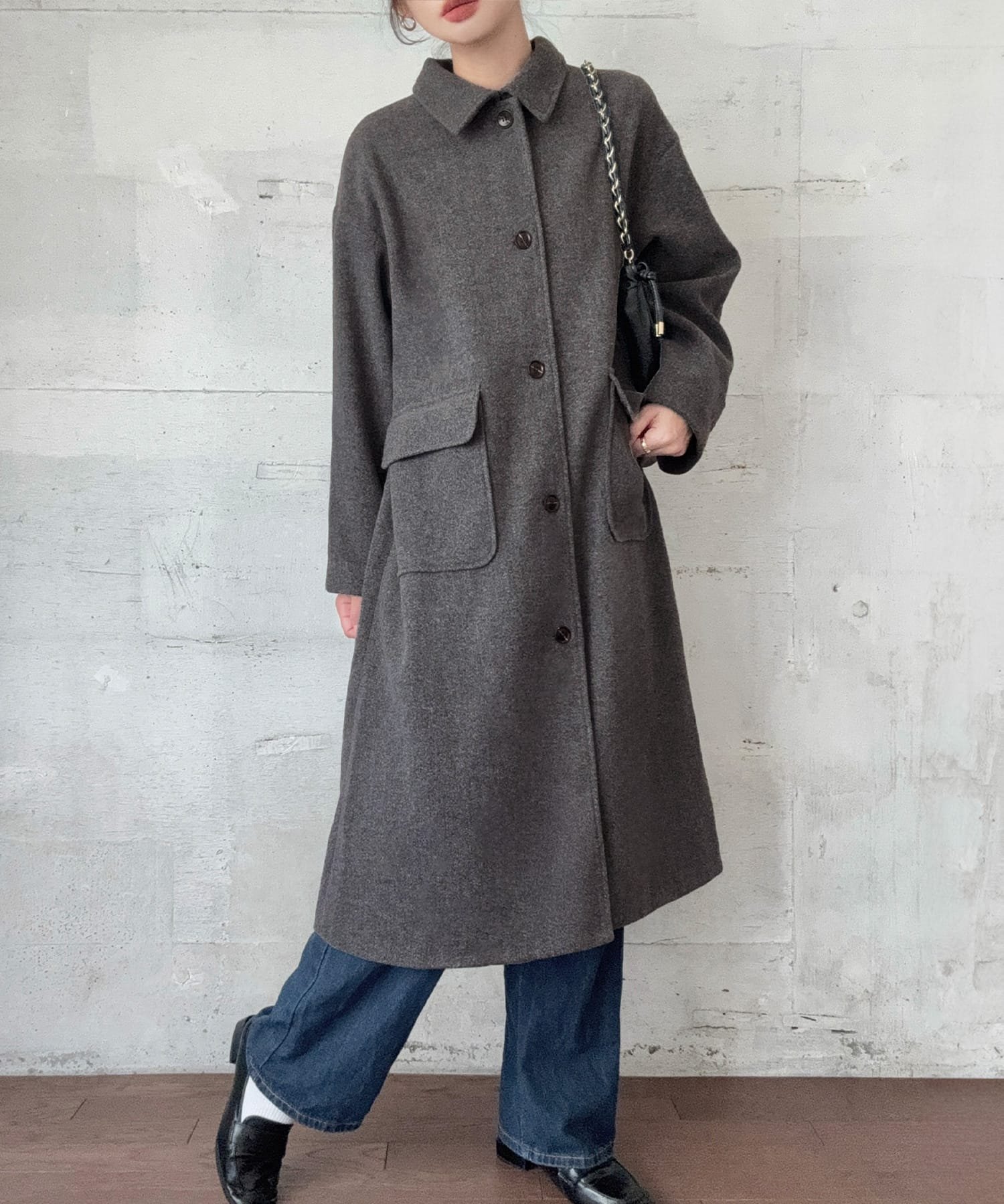 【ジュノア/JUNOAH】のウールライクステンカラーロングコート インテリア・キッズ・メンズ・レディースファッション・服の通販 founy(ファニー) 　ファッション　Fashion　レディースファッション　Fashion for Women　アウター　Coat / Outerwear Collection　コート・ロングコート・ピーコート　Long Coats, Peacoats & More　チャコール|ID: prp329100004835845 ipo3291000000035224559