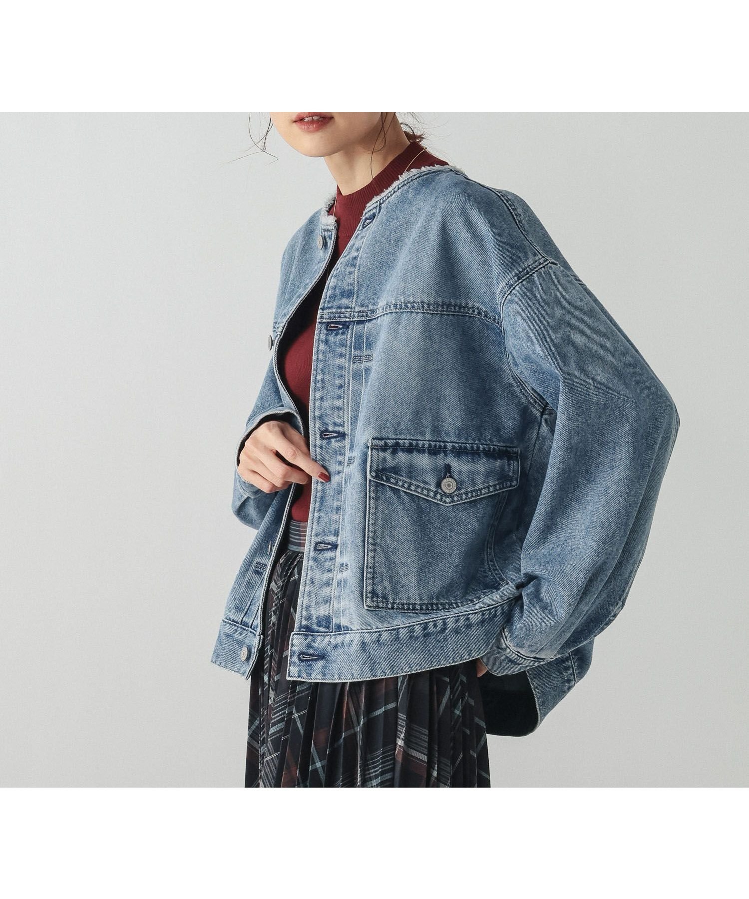 【グローバルワーク/GLOBAL WORK】のGOODデニムノーカラージャケット/601266 インテリア・キッズ・メンズ・レディースファッション・服の通販 founy(ファニー) 　ファッション　Fashion　レディースファッション　Fashion for Women　アウター　Coat / Outerwear Collection　レディースジャケット・軽アウター　Jackets　ノーカラージャケット / シンプル上品コーデ　Collarless Jackets　おすすめ　Recommended / Our Picks　ジャケット　Jacket, Outerwear　スウェット / スエット　Sweatshirt, Sweatwear　ストレート　Straight, Straight Cut　スリム　Slim, Slim Fit　デニム　Denim, Jeans Material　フリンジ　Fringe, Tassel　ポケット　Pocket, Pocket Detail　ミックス　Mix, Mixed Style　人気　Popular, Best Seller　春　Spring　羽織　Haori, Light Jacket　ライトブルー83|ID: prp329100004835935 ipo3291000000035225263