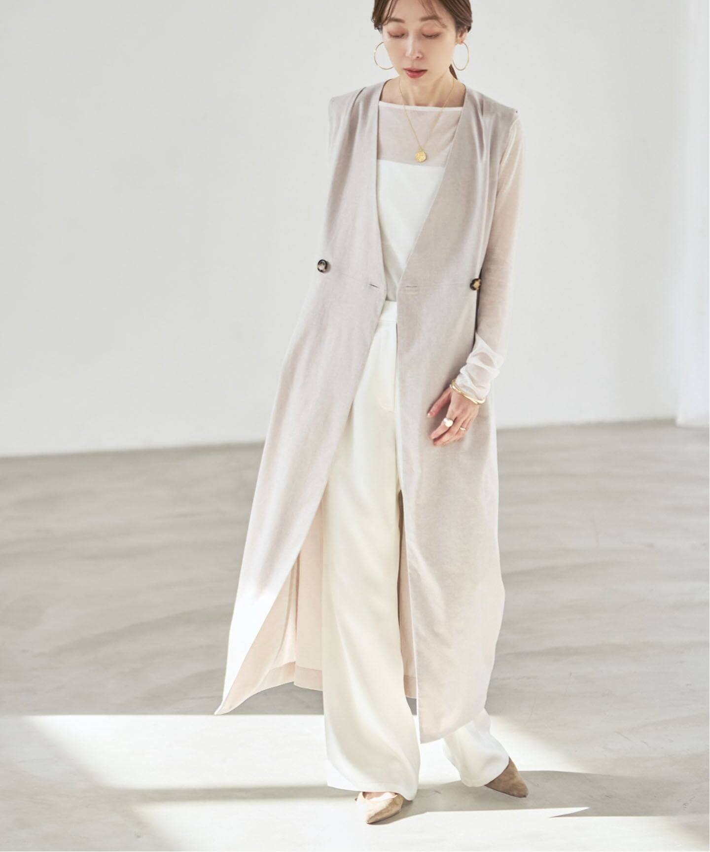 【ノーブル / スピック&スパン/NOBLE / Spick & Span】の麻ストレッチロングジレワンピース インテリア・キッズ・メンズ・レディースファッション・服の通販 founy(ファニー) 　ファッション　Fashion　レディースファッション　Fashion for Women　アウター　Coat / Outerwear Collection　おすすめ　Recommended / Our Picks　ジャケット　Jacket, Outerwear　ストレッチ　Stretch, Stretchy Fabric　セットアップ　Set-Up, Coordinated Outfit　トレンド　Trend, Trending Now　フロント　Front, Front Design　夏　Summer　定番　Standard, Basic Item　春　Spring　S/S・春夏　SS, Spring/Summer, Warm Season　ベージュ A|ID: prp329100004835981 ipo3291000000035225672