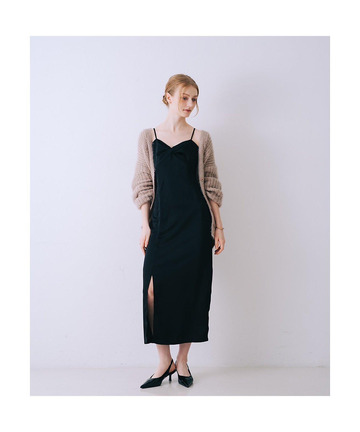 【セルフィスト/SELFIST】の【一花さんコラボ】ニットカーデ サテンワンピースSET インテリア・キッズ・メンズ・レディースファッション・服の通販 founy(ファニー) 　ファッション　Fashion　レディースファッション　Fashion for Women　ワンピース　Dresses　カーディガン　Cardigan, Knitwear　コラボ　Collaboration, Collab　サテン　Satin, Glossy Fabric　ジャケット　Jacket, Outerwear　スラックス　Slacks, Dress Pants　スリット　Slit, Slit Detail　デニム　Denim, Jeans Material　トレンド　Trend, Trending Now　フェミニン　Feminine, Girly　フロント　Front, Front Design　おすすめ　Recommended / Our Picks　エレガント 上品　Elegant　ベージュ|ID: prp329100004836009 ipo3291000000035225790