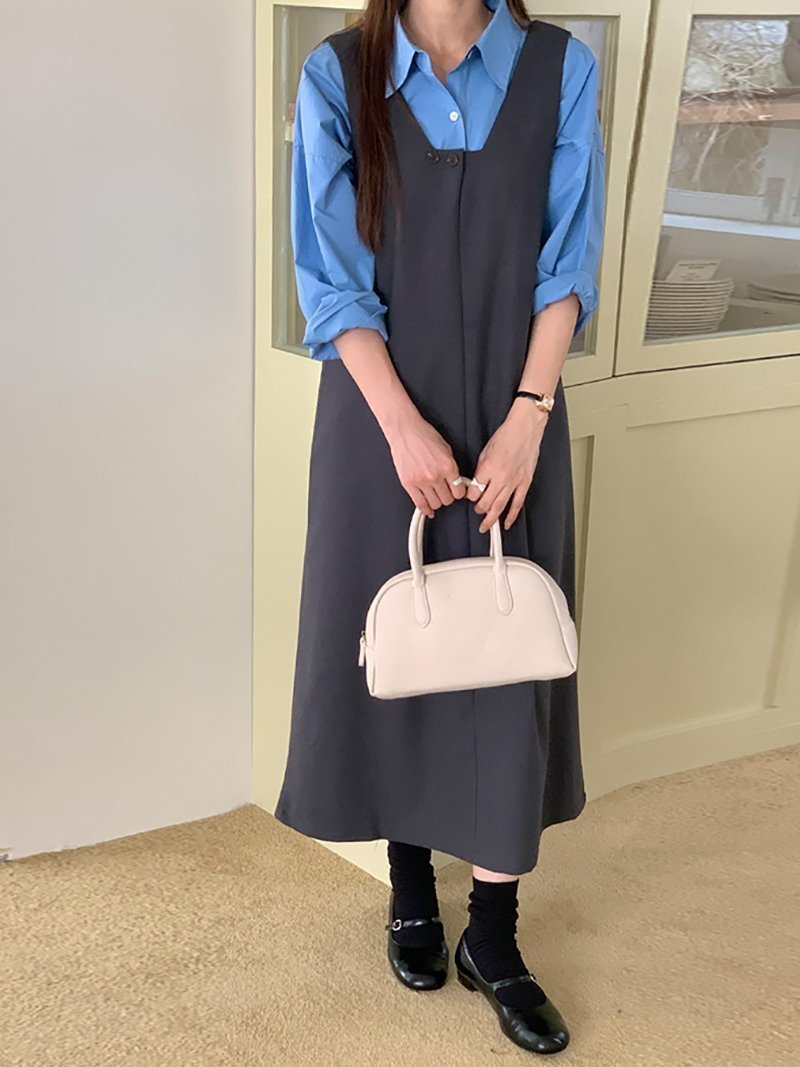 【ドゥーベル/Doux Belle】のVネックボタン付きジャンパースカート レディース ワンピース インテリア・キッズ・メンズ・レディースファッション・服の通販 founy(ファニー) 　ファッション　Fashion　レディースファッション　Fashion for Women　スカート　Skirts　インナー　Innerwear　カットソー　Cut and Sewn Top　ロング　Long, Long-Length　春　Spring　秋　Autumn　A/W・秋冬　Autumn/Winter　グレー|ID: prp329100004836010 ipo3291000000035225803