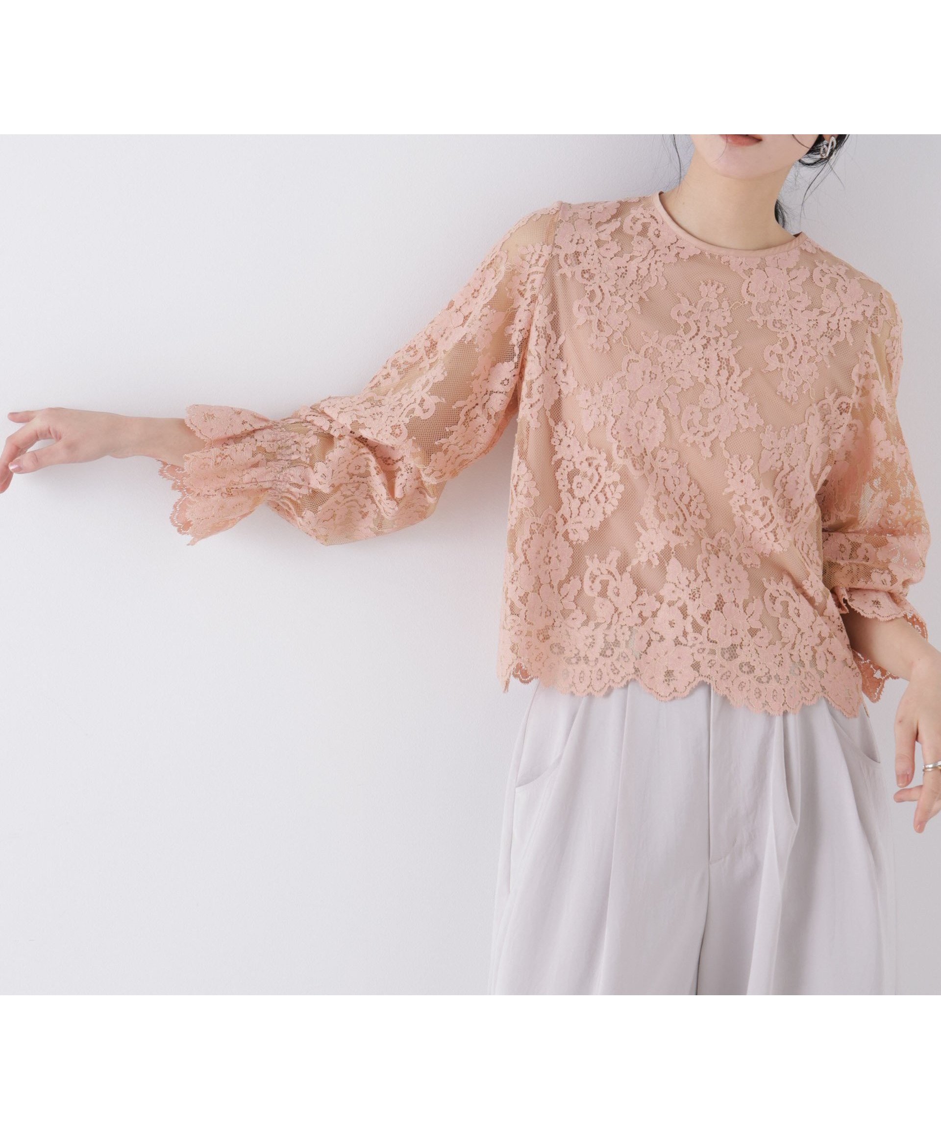 【ナノ ユニバース/nano universe】のレーススカラップブラウス インテリア・キッズ・メンズ・レディースファッション・服の通販 founy(ファニー) 　ファッション　Fashion　レディースファッション　Fashion for Women　トップス・カットソー　Cut & Sew Tops　シャツ・ブラウス・オフィスカジュアル　Elegant Blouses & Button-Ups　アクセサリー　Fashion Accessories　シャーリング　Shirring, Ruched　スカラップ　Scallop, Scalloped Edge　スリーブ　Sleeve, Long Sleeve / Short Sleeve　デニム　Denim, Jeans Material　バランス　Balance, Style Balance　ボトム　Bottoms, Lower Wear　ラッセル　Raschel, Raschel Lace　レース　Lace, Lace Fabric　ロング　Long, Long-Length　2026年　2026　ピンクベージュ6|ID: prp329100004836044 ipo3291000000035226059