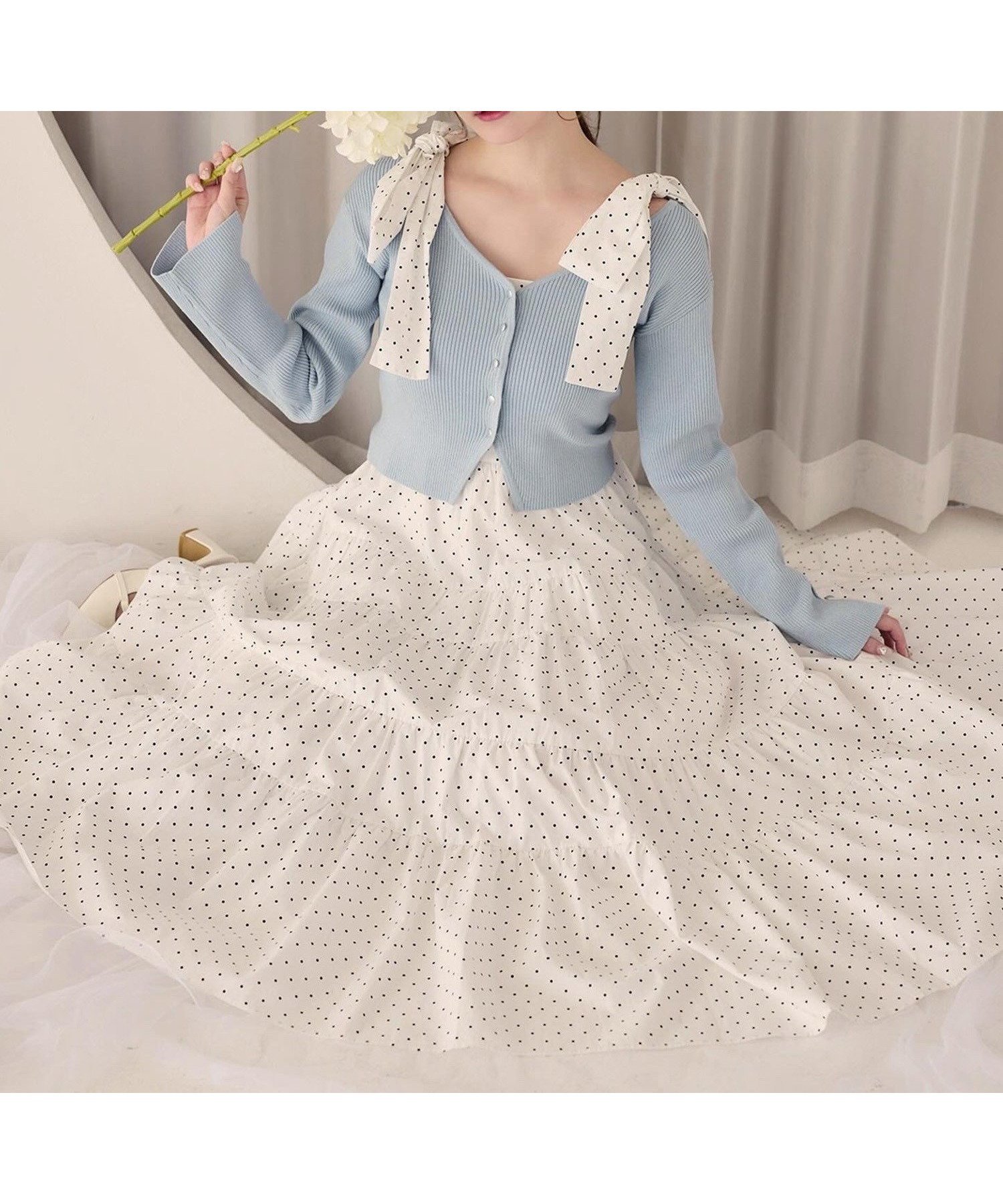 【ナイスクラップ/NICE CLAUP】の【肩リボン取り外し可能】カーディガンセット2枚セットワンピ インテリア・キッズ・メンズ・レディースファッション・服の通販 founy(ファニー) 　ファッション　Fashion　レディースファッション　Fashion for Women　ワンピース　Dresses　カーディガン　Cardigan, Knitwear　キャミワンピース　Cami Dress, Slip Dress　デニム　Denim, Jeans Material　ハイネック　High Neck, Mock Neck　フェミニン　Feminine, Girly　ラップ　Wrap, Wrap Design　リボン　Ribbon, Bow　おすすめ　Recommended / Our Picks　ドット|ID: prp329100004836052 ipo3291000000035226146